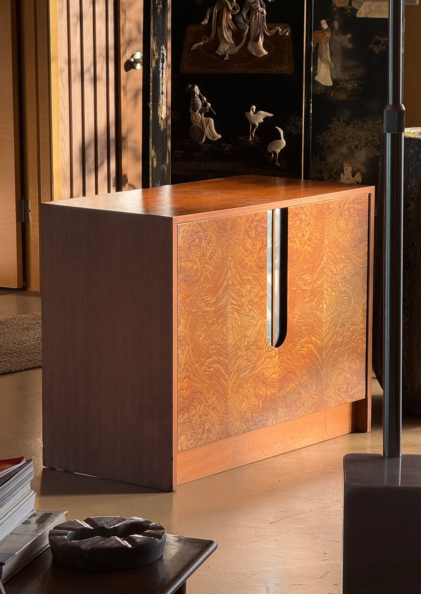 Burl and chrome cabinet by Milo Baughman, circa 1970