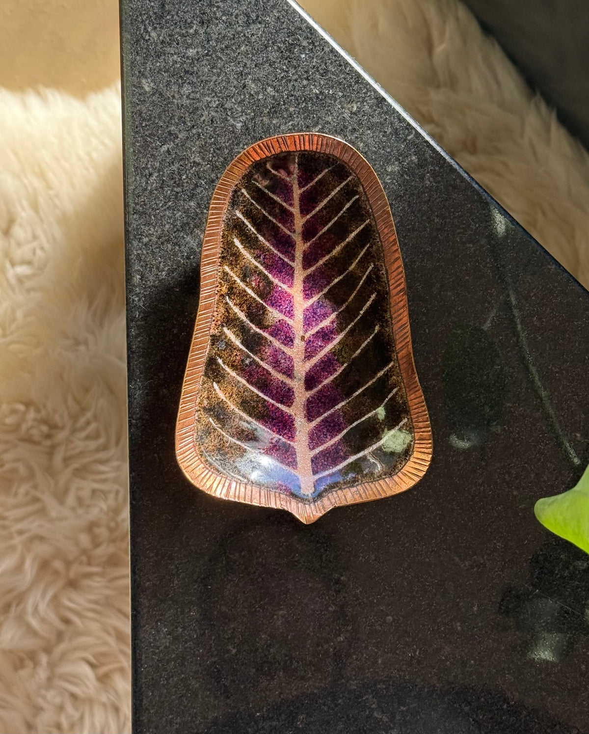 Vintage copper dish with hand-painted leaf motif, 20th century