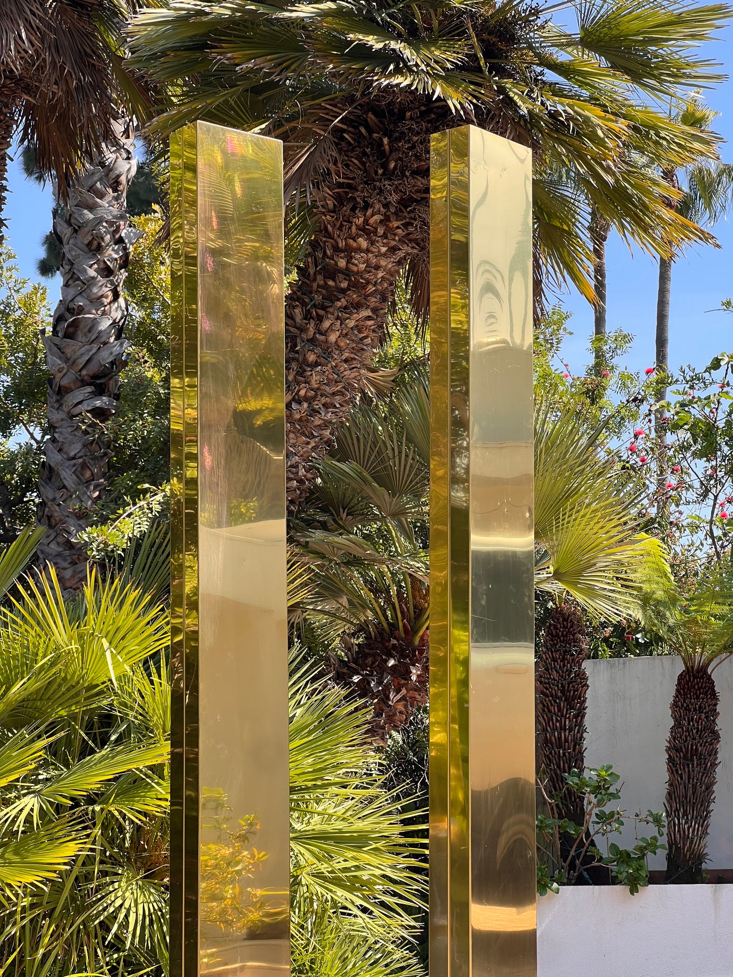 Pair of monolith brass “Pylon” torchiere floor lamps by Casella, circa 1980