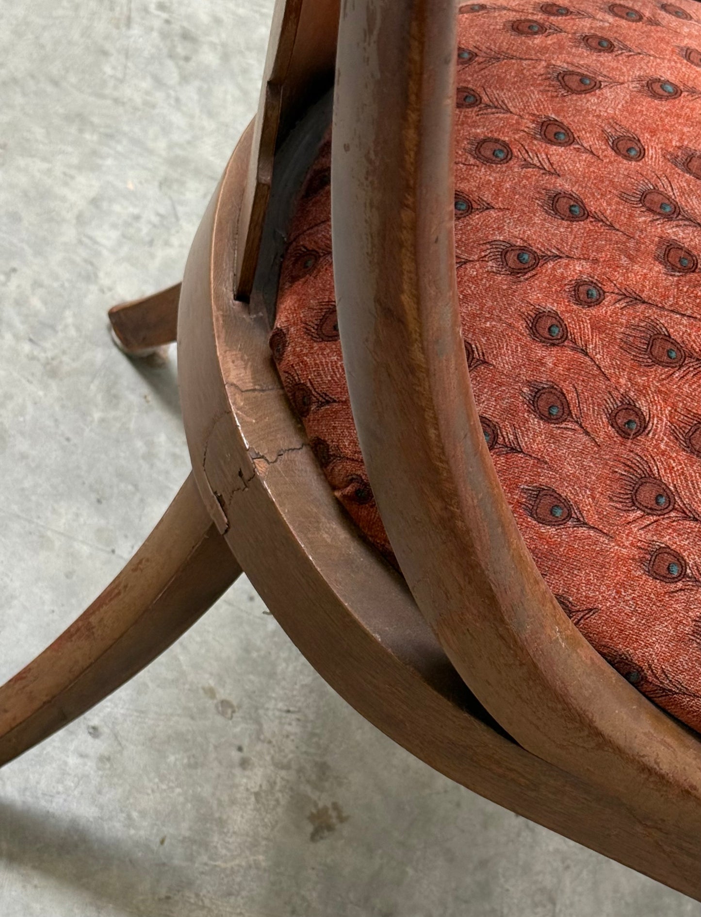 Antique Victorian bergère chair with peacock upholstery, circa 1900