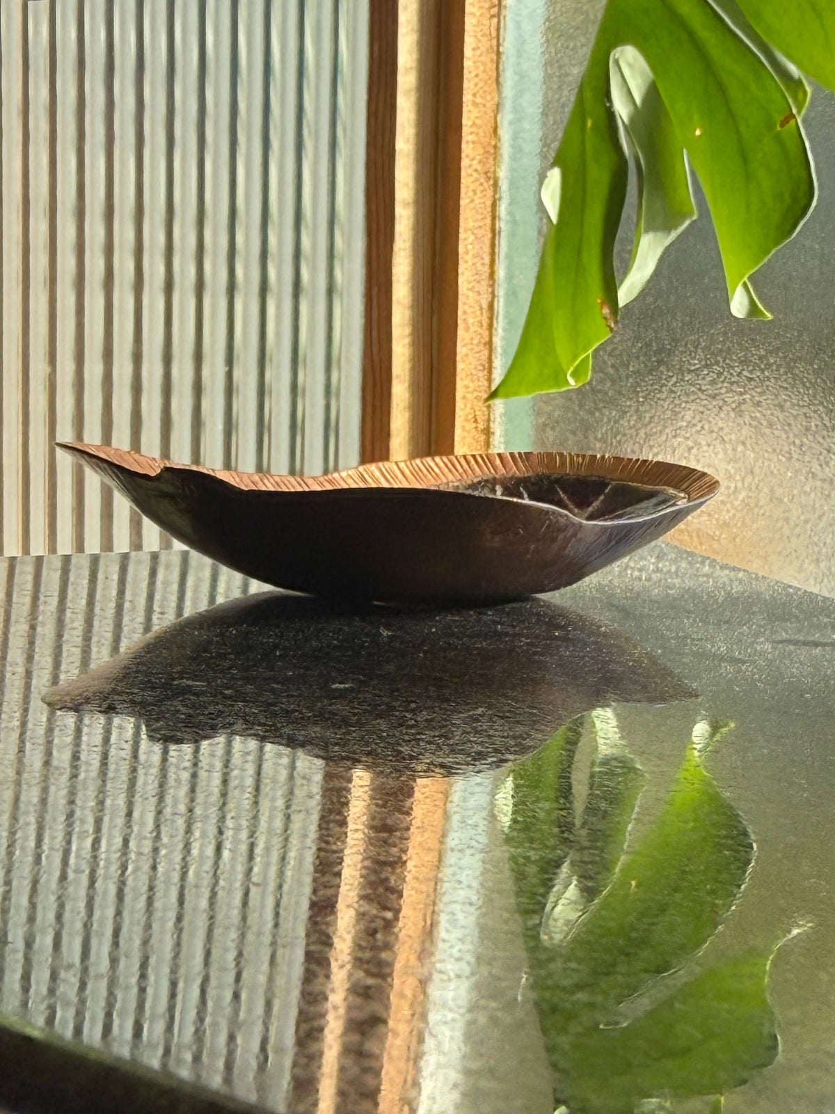 Vintage copper dish with hand-painted leaf motif, 20th century