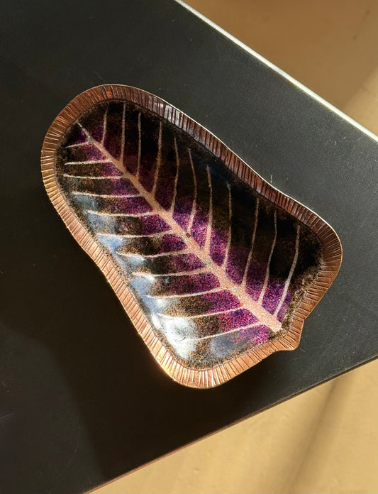 Vintage copper dish with hand-painted leaf motif, 20th century
