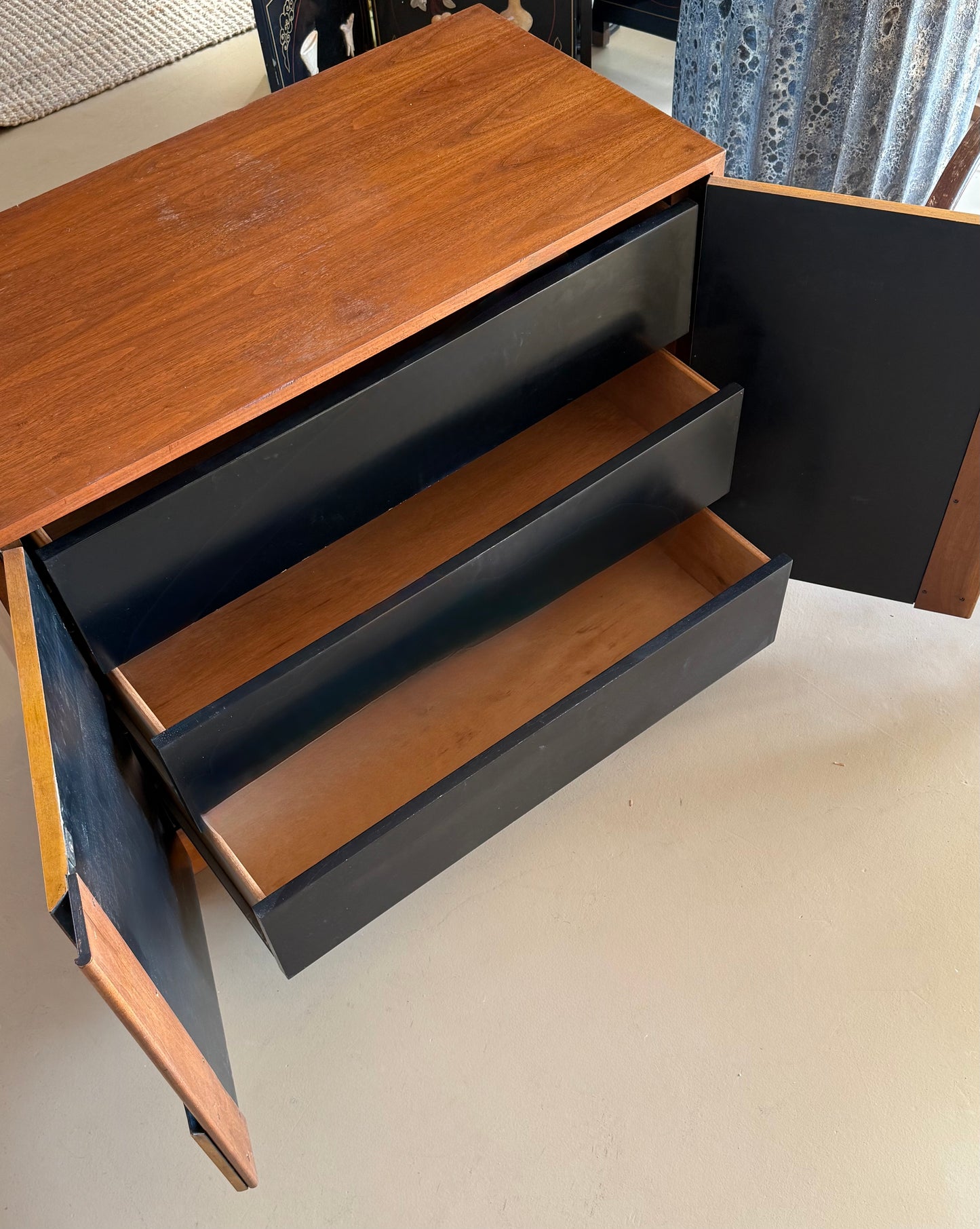 Burl and chrome cabinet by Milo Baughman, circa 1970