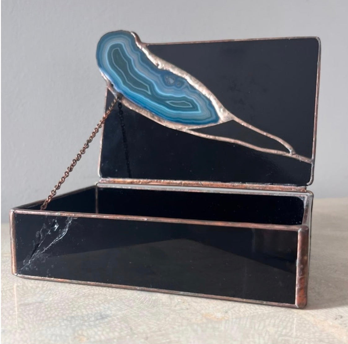 Geode and black glass jewelry box by Don Drumm, late 20th century
