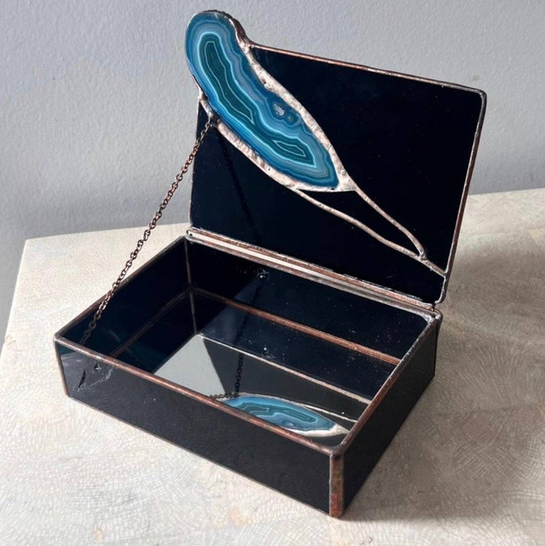 Geode and black glass jewelry box by Don Drumm, late 20th century