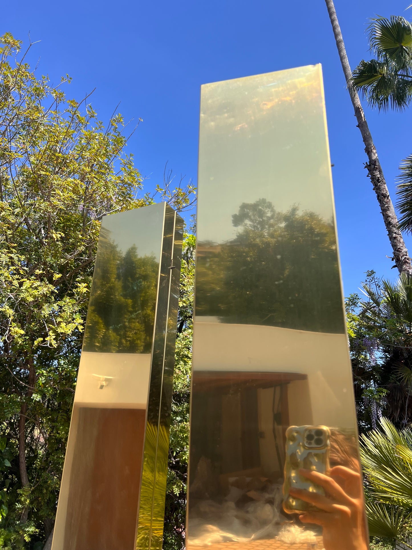 Pair of monolith brass “Pylon” torchiere floor lamps by Casella, circa 1980