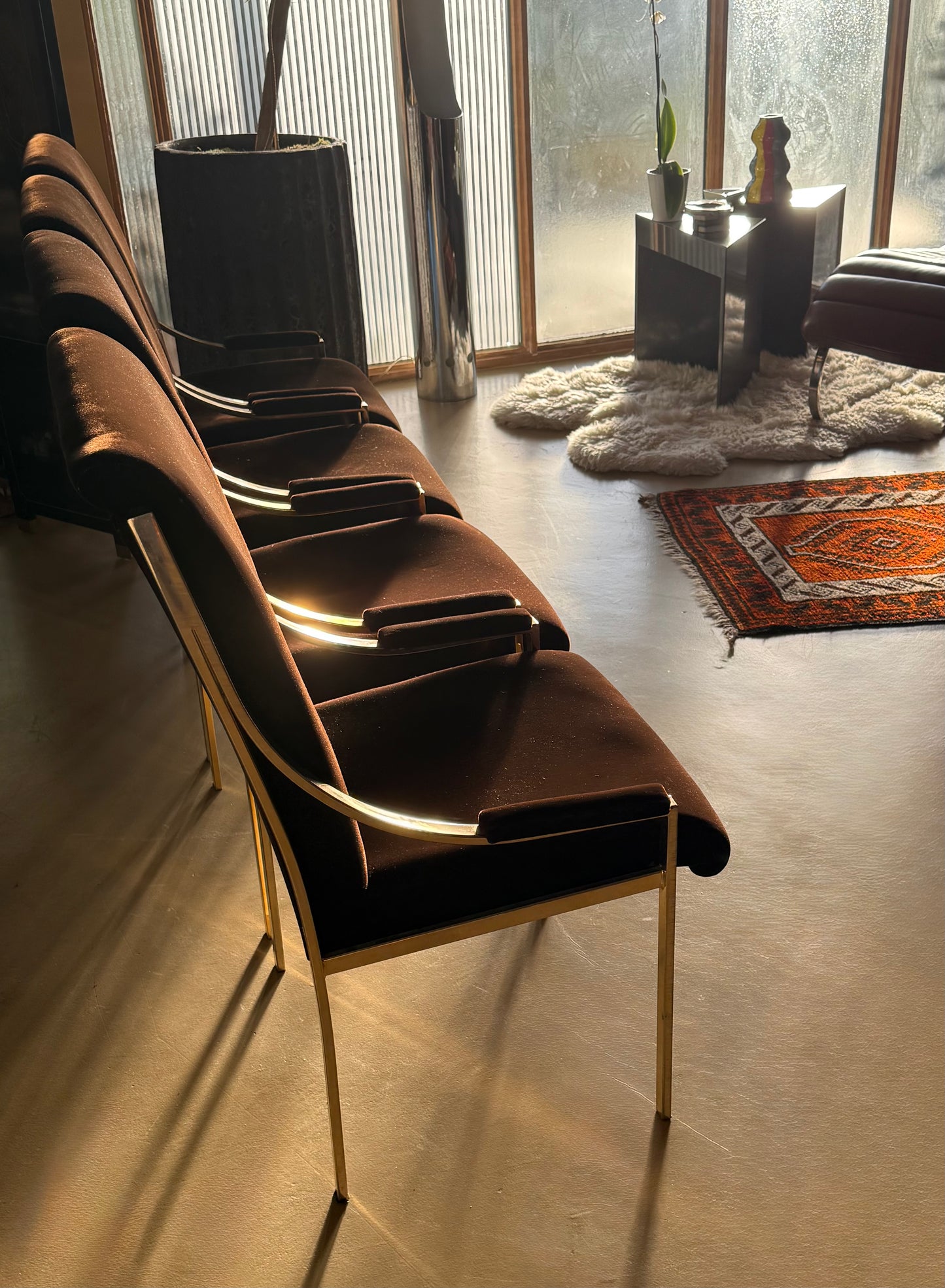Set of 4 brown velvet Hollywood Regency chairs, circa 1970