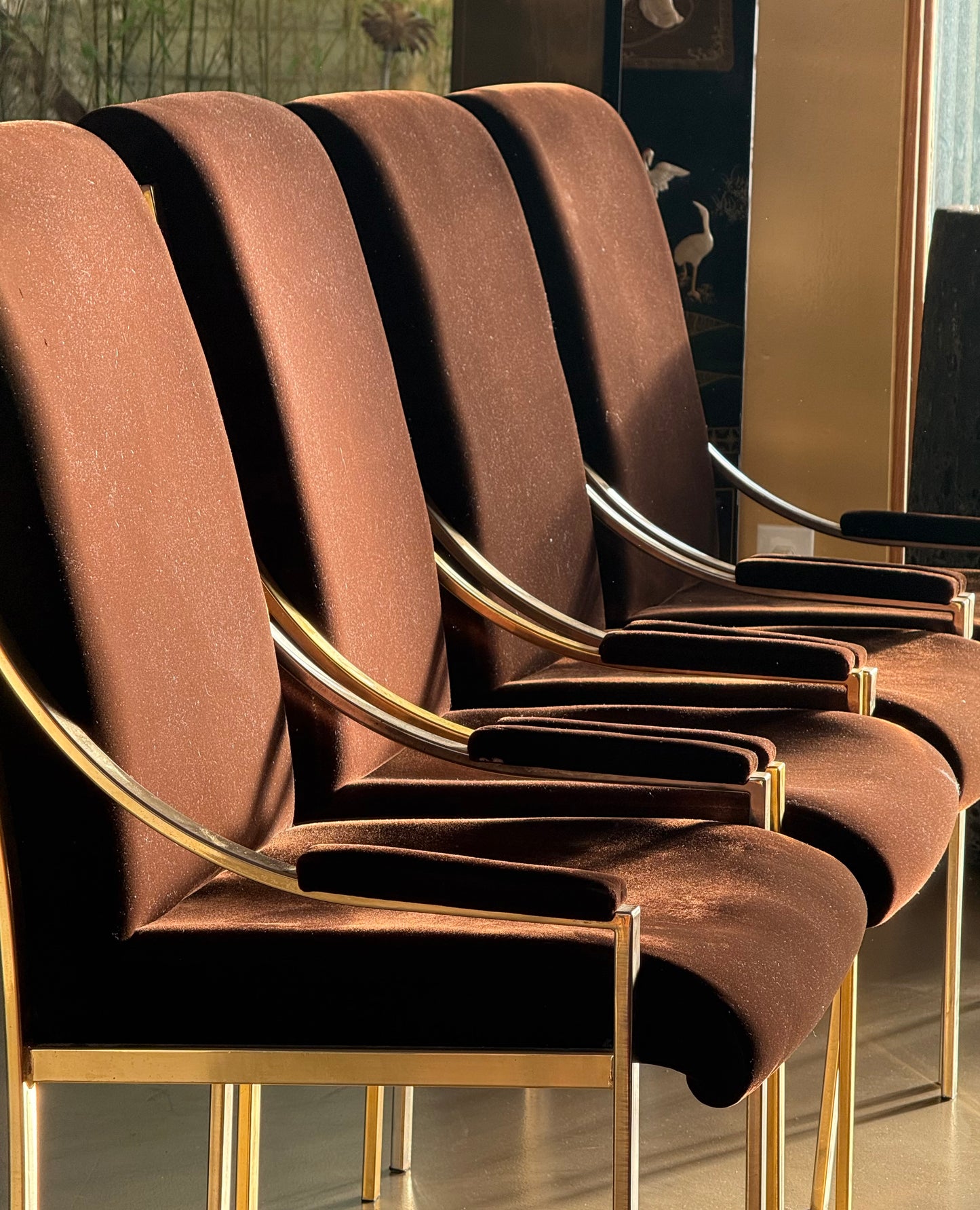 Set of 4 brown velvet Hollywood Regency chairs, circa 1970