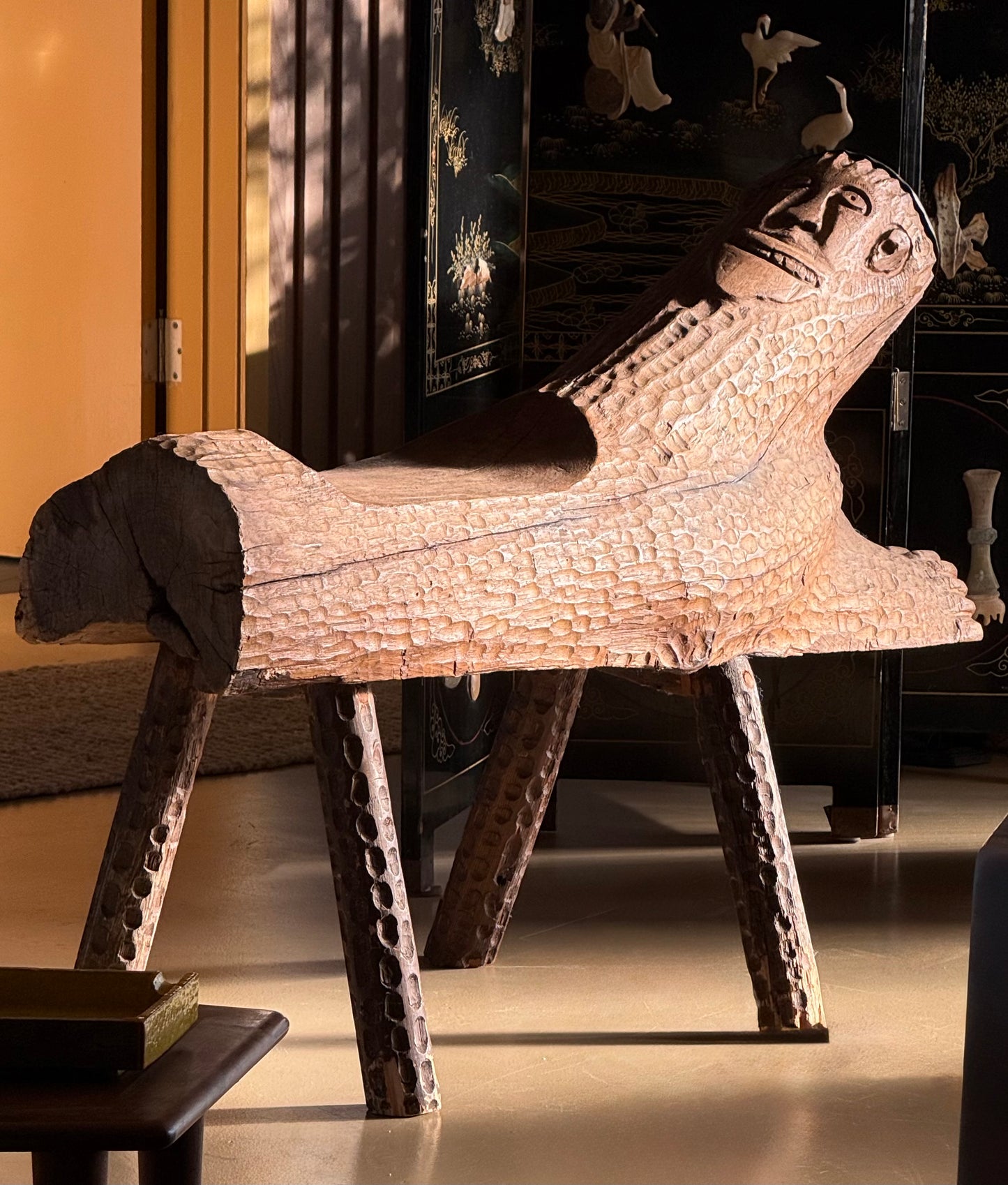 Hand-carved outsider art bench, 20th century