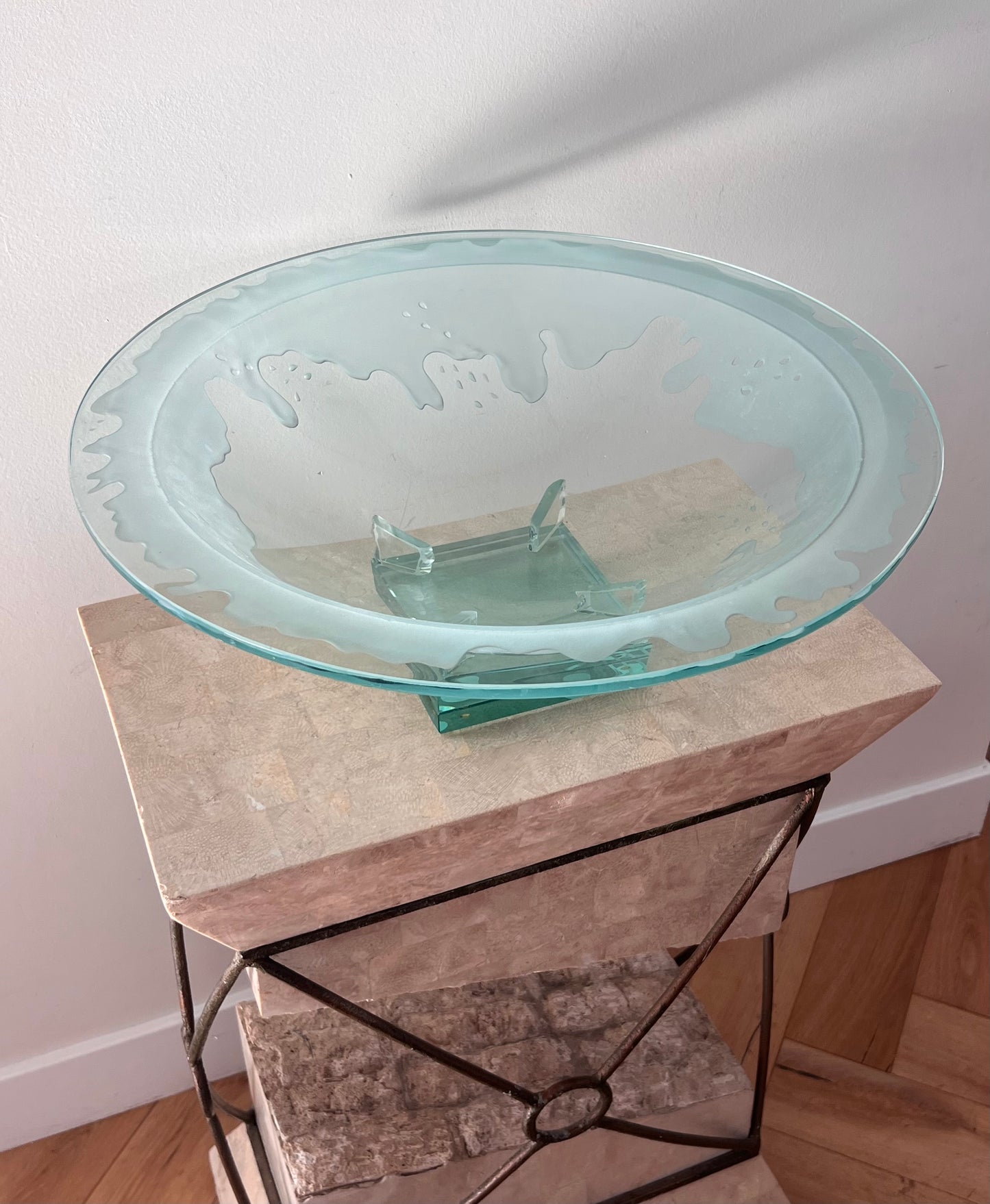 Monumental art glass platter with frosted drip motif, late 20th century