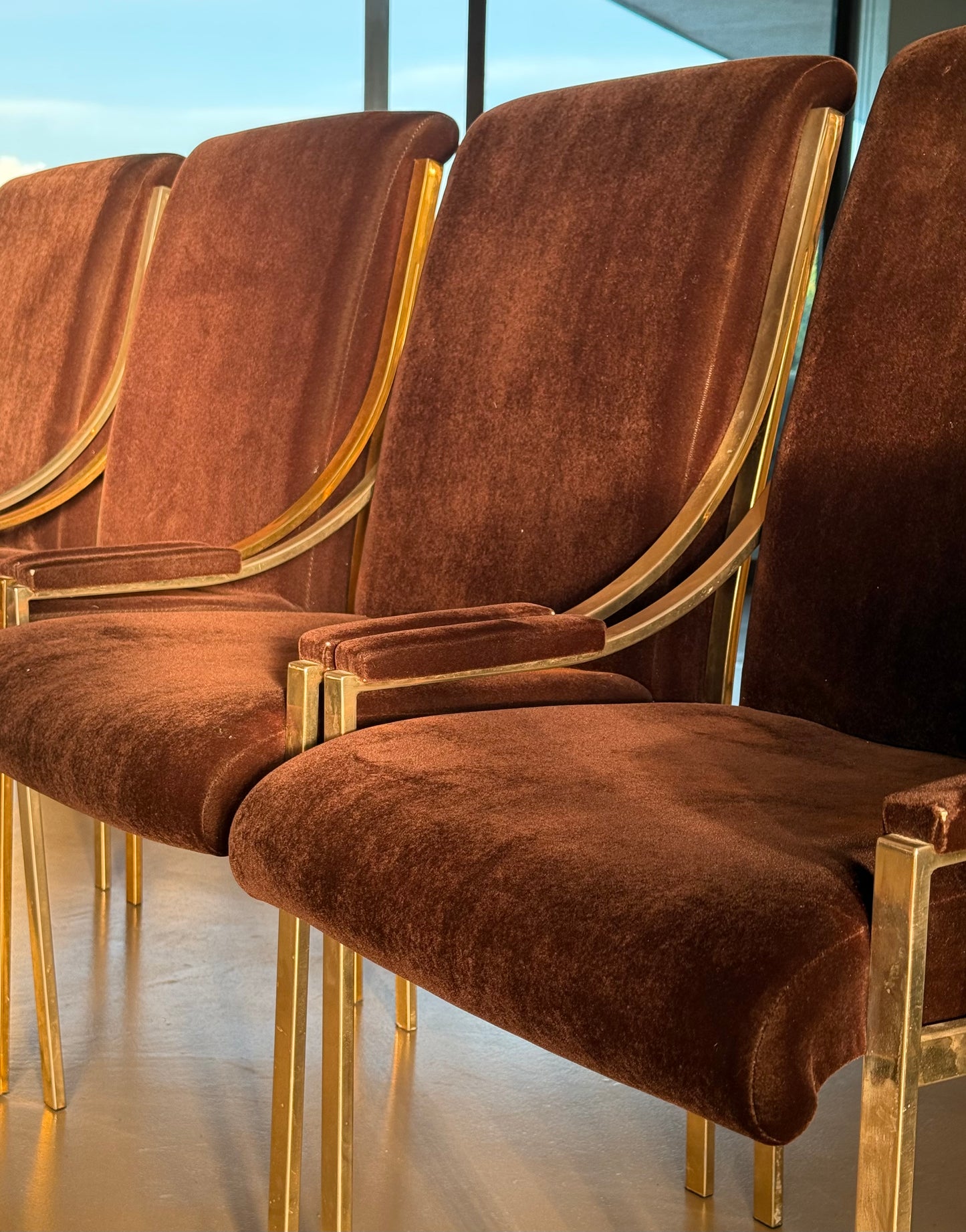 Set of 4 brown velvet Hollywood Regency chairs, circa 1970