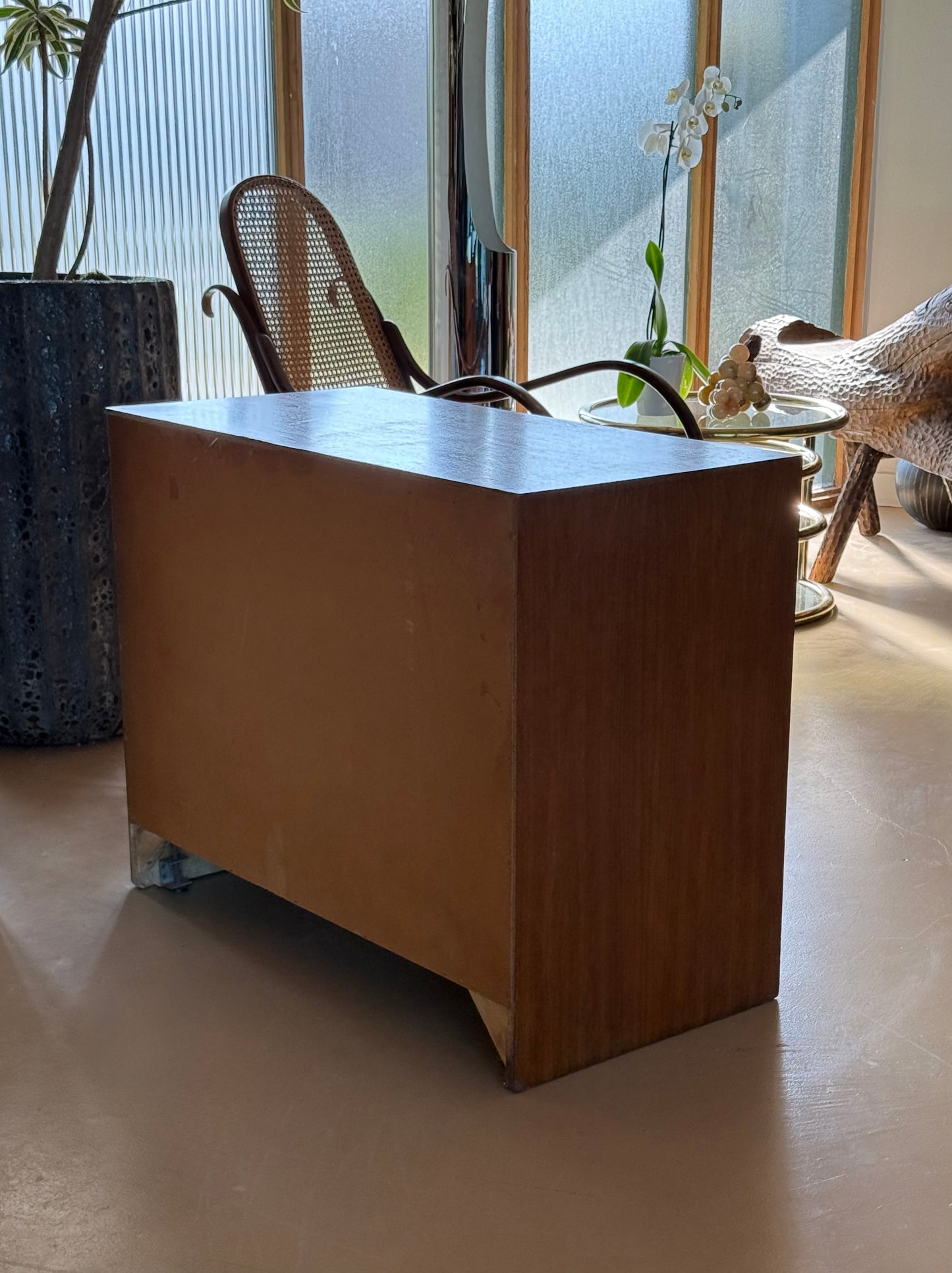Burl and chrome cabinet by Milo Baughman, circa 1970