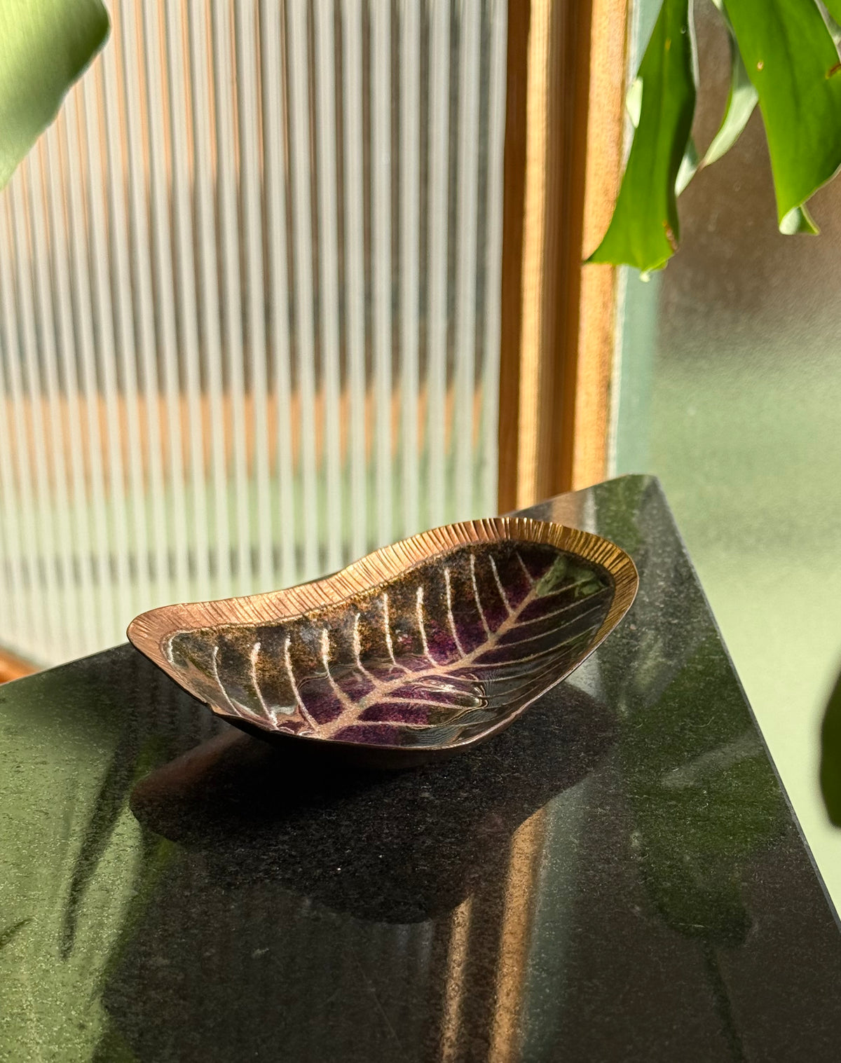 Vintage copper dish with hand-painted leaf motif, 20th century