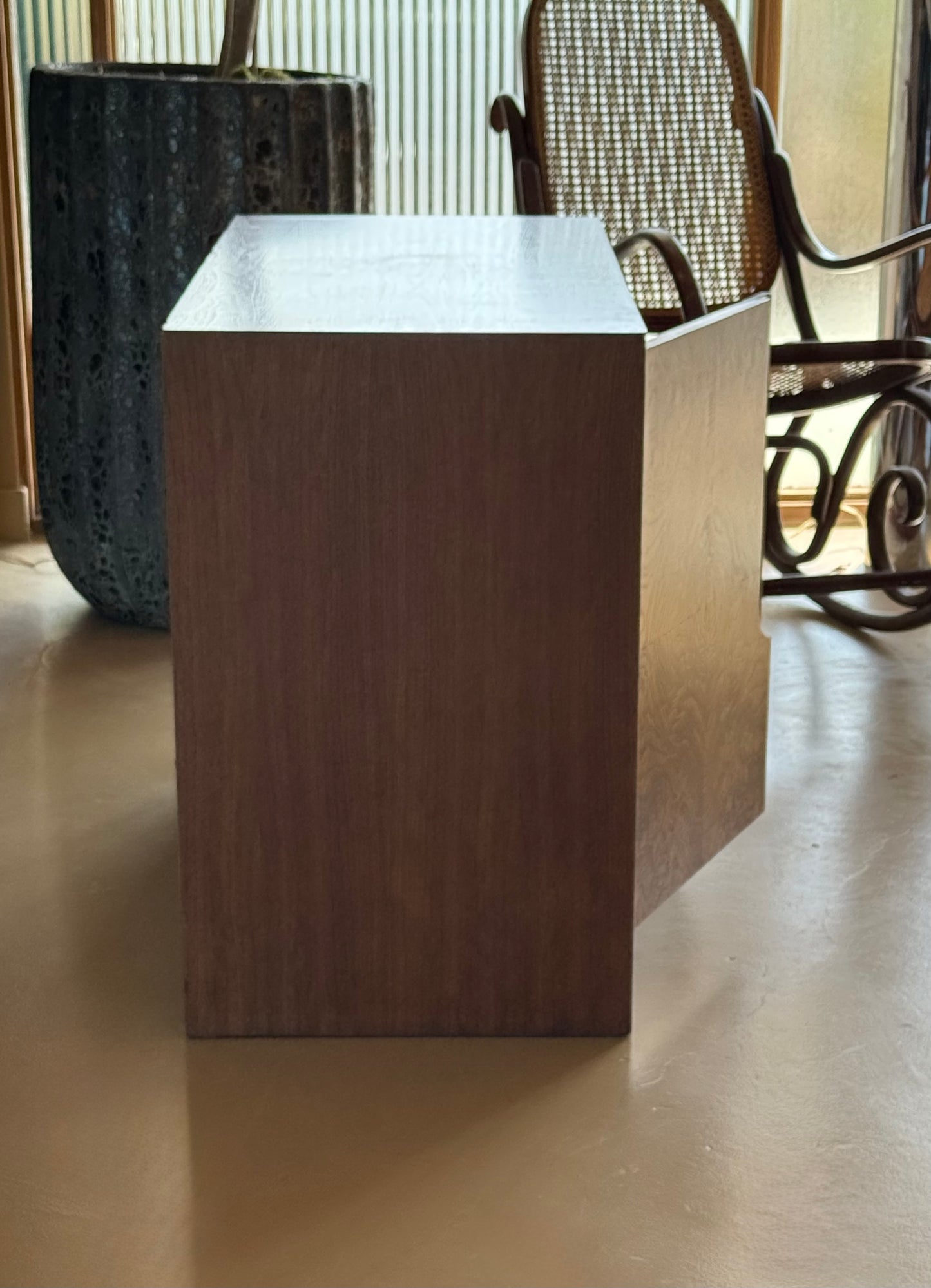 Burl and chrome cabinet by Milo Baughman, circa 1970
