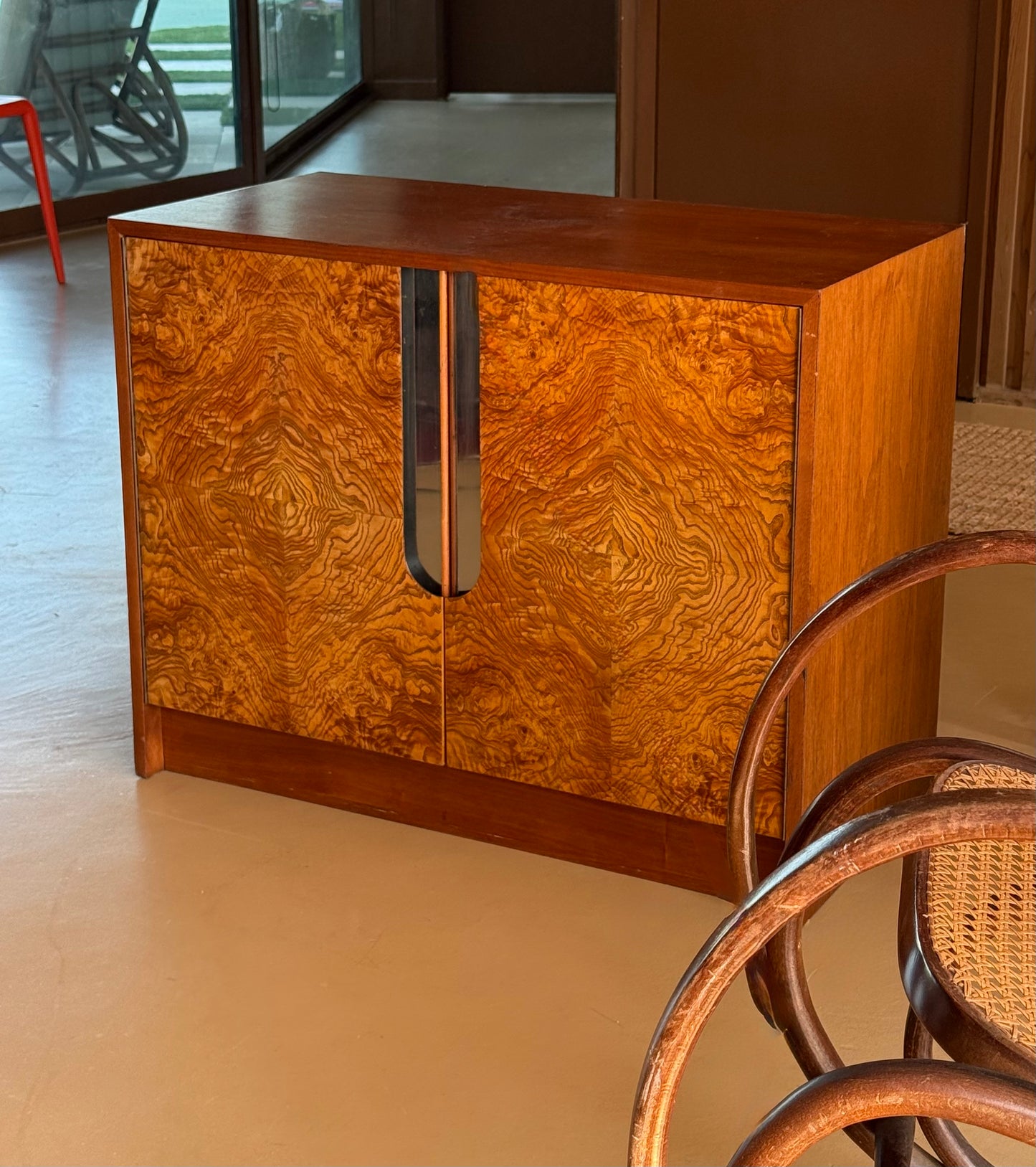 Burl and chrome cabinet by Milo Baughman, circa 1970