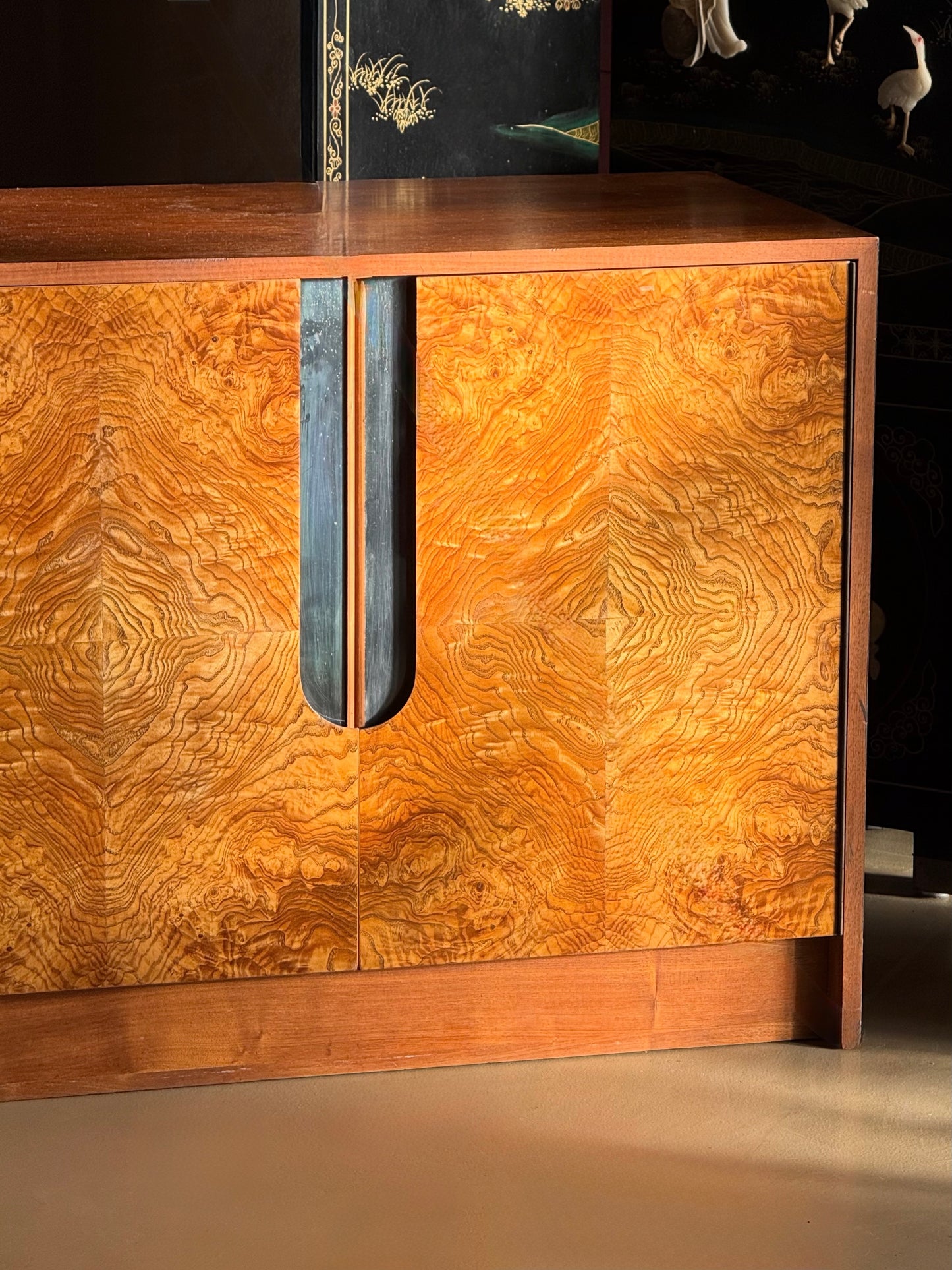 Burl and chrome cabinet by Milo Baughman, circa 1970