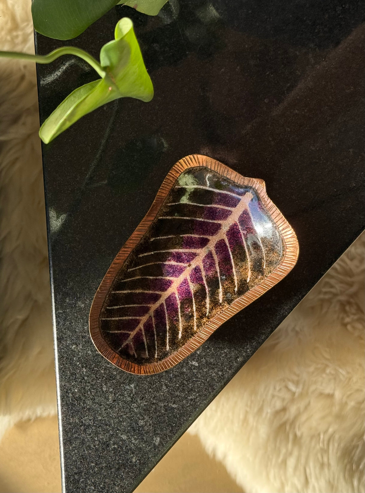Vintage copper dish with hand-painted leaf motif, 20th century