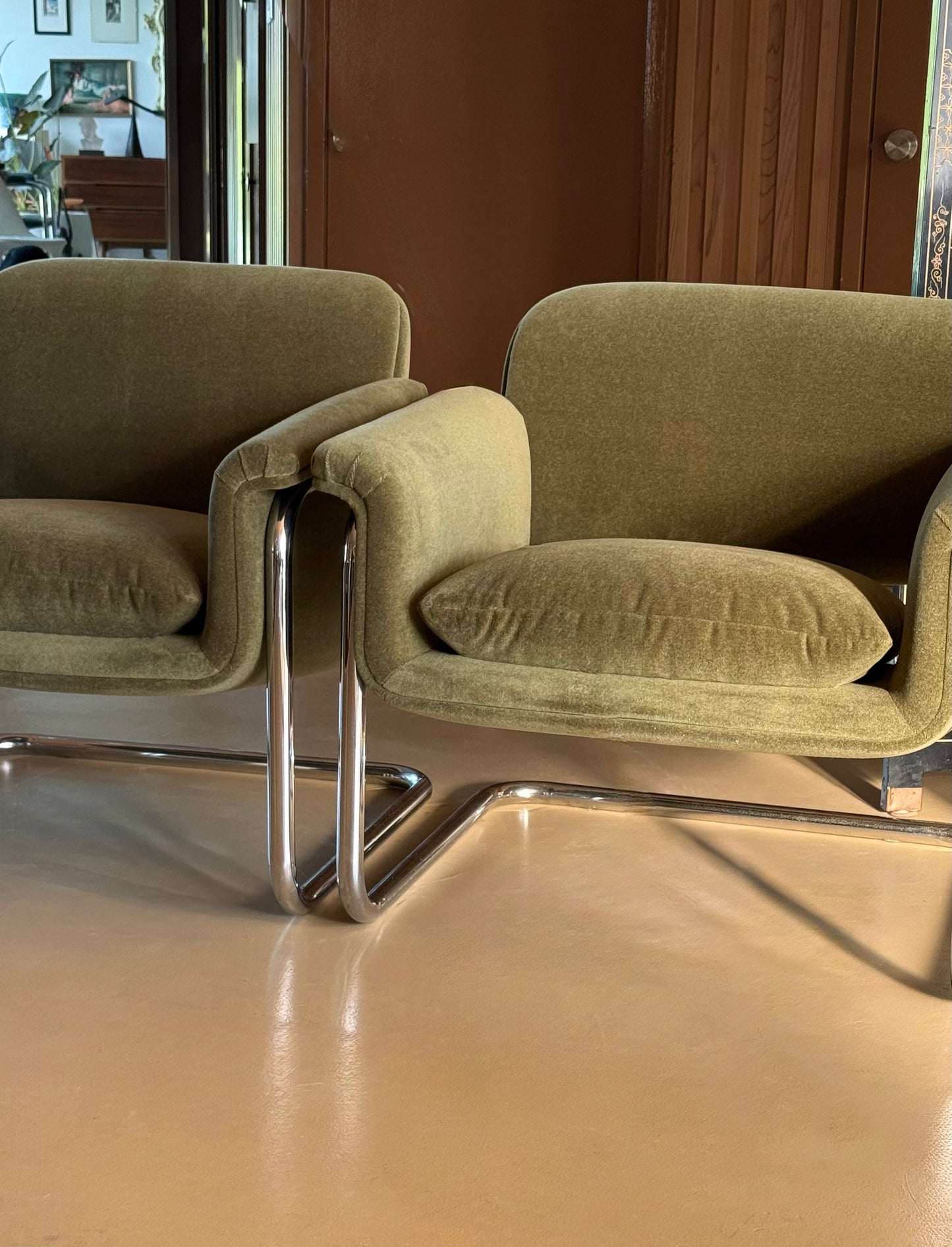 Pair of tubular chrome cantilever chairs by Thonet, 20th century