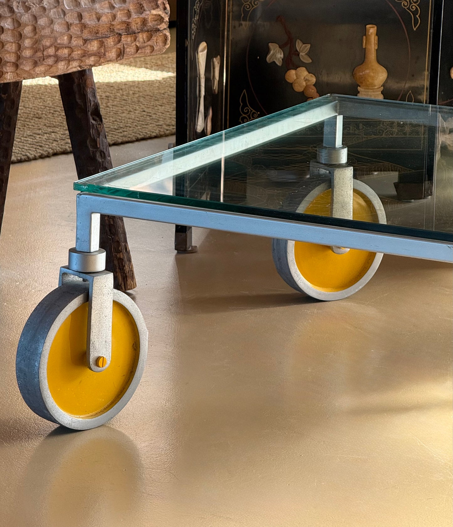 Glass coffee table on wheels after Gae Aulenti, 20th century