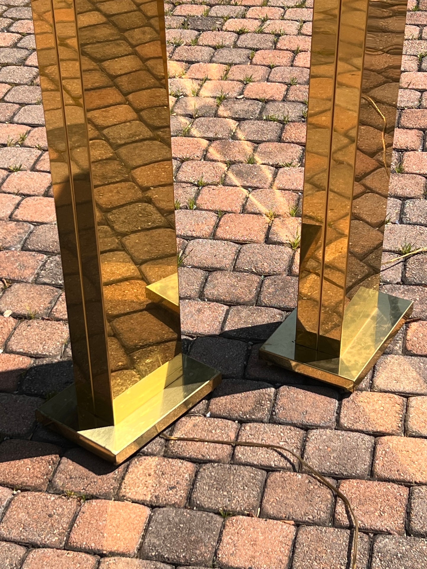 Pair of monolith brass “Pylon” torchiere floor lamps by Casella, circa 1980