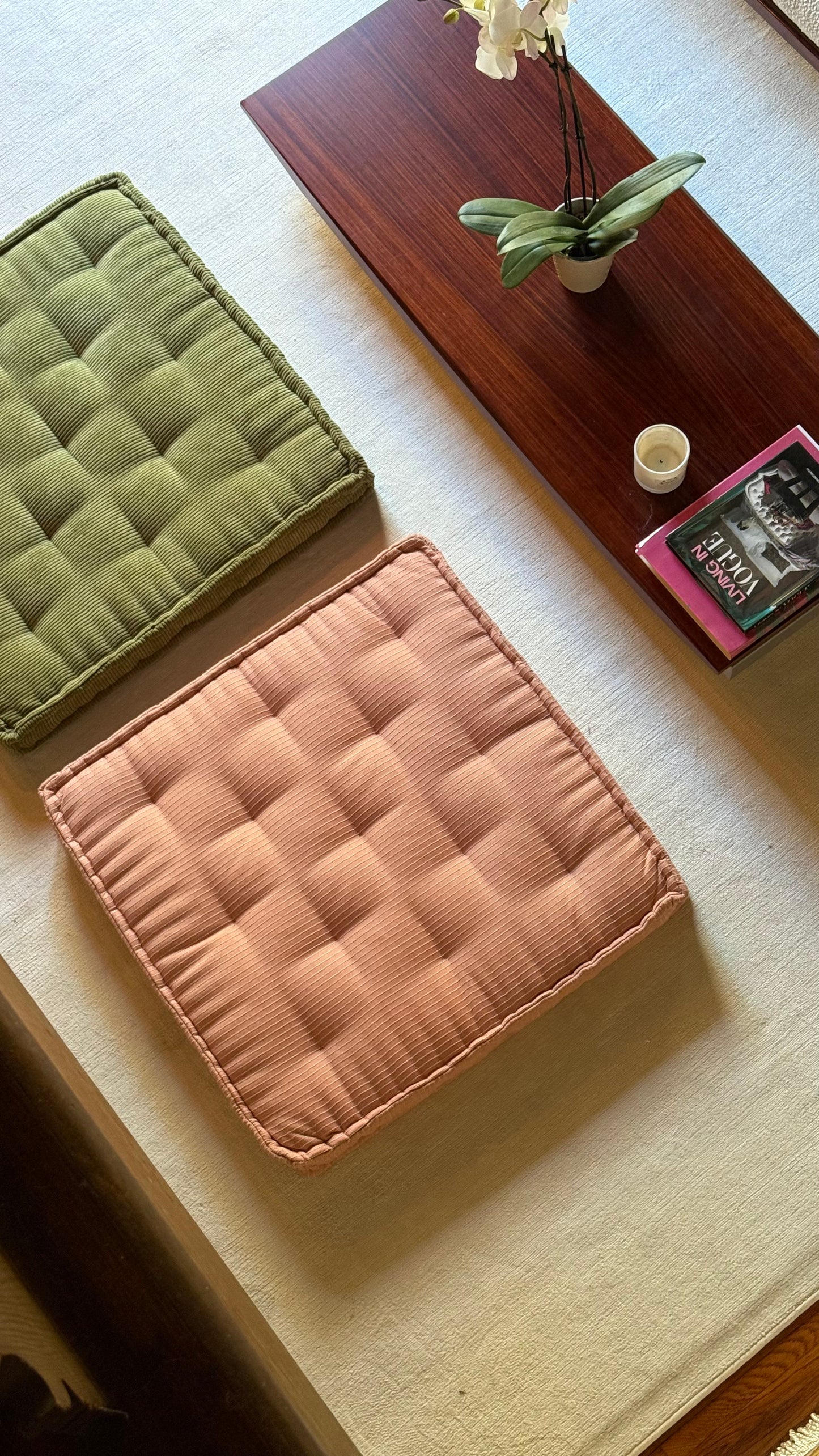 A pair of large floor cushions, 21st century