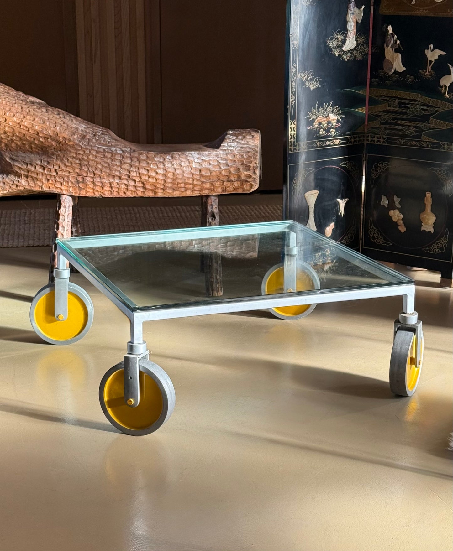 Glass coffee table on wheels after Gae Aulenti, 20th century