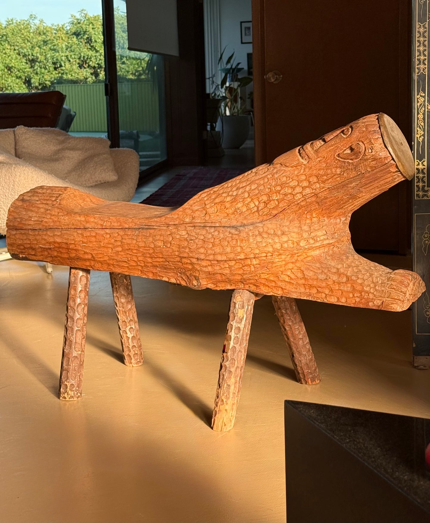 Hand-carved outsider art bench, 20th century