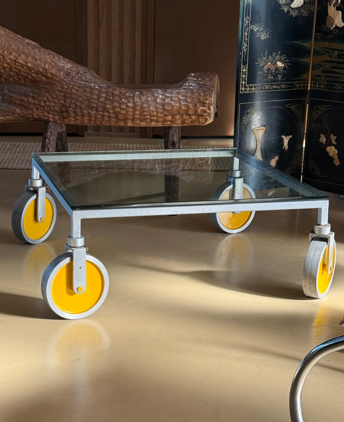 Glass coffee table on wheels after Gae Aulenti, 20th century