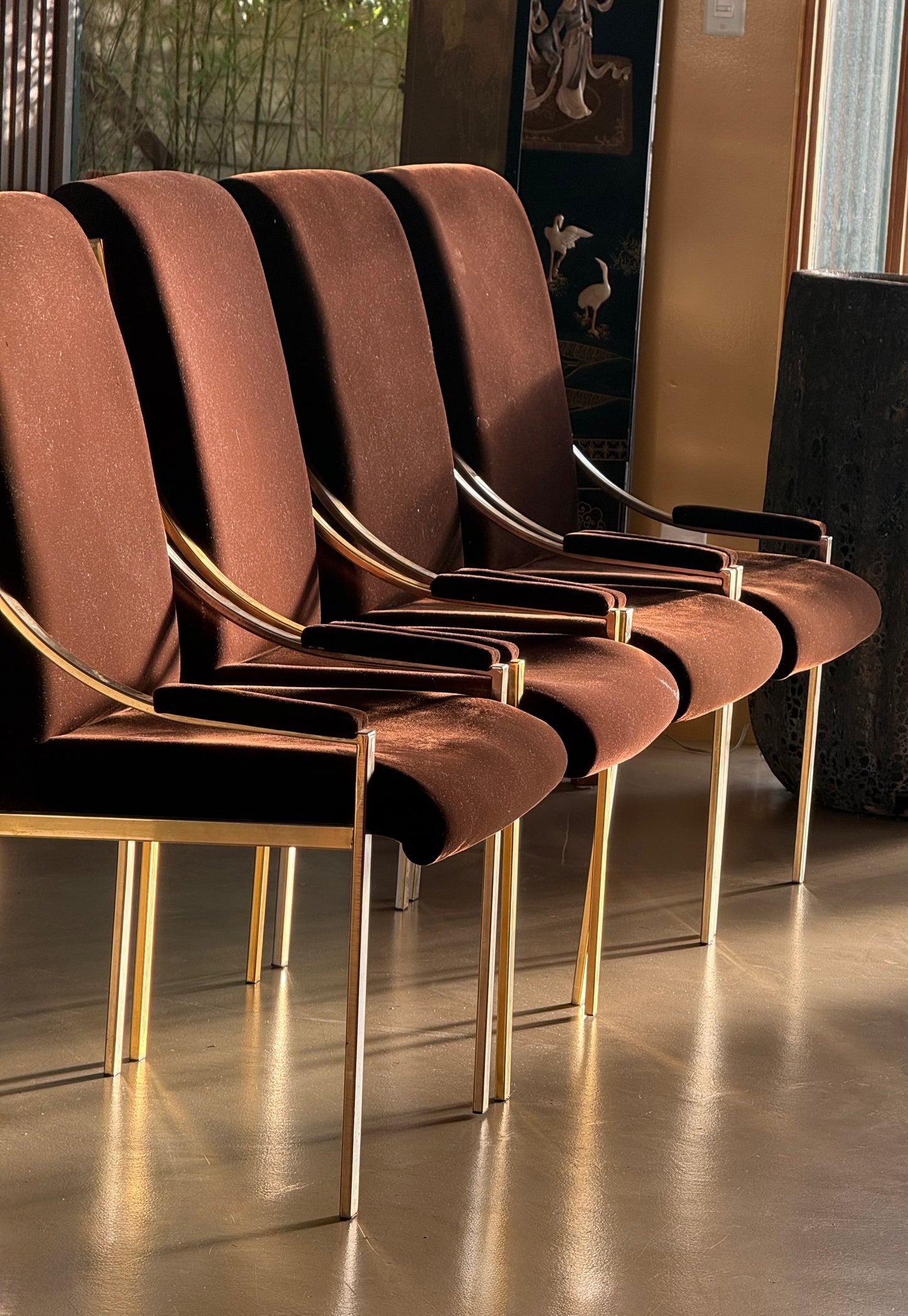 Set of 4 brown velvet Hollywood Regency chairs, circa 1970