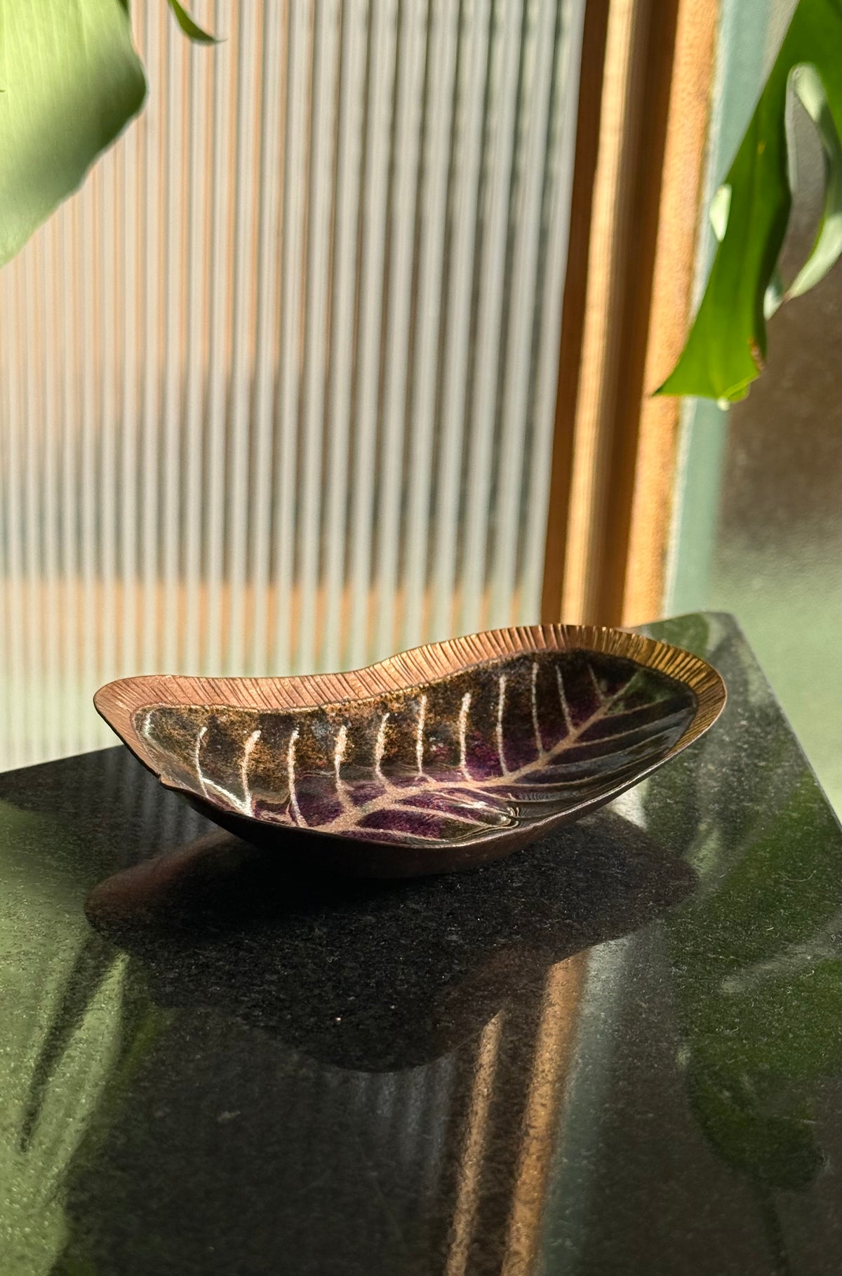 Vintage copper dish with hand-painted leaf motif, 20th century