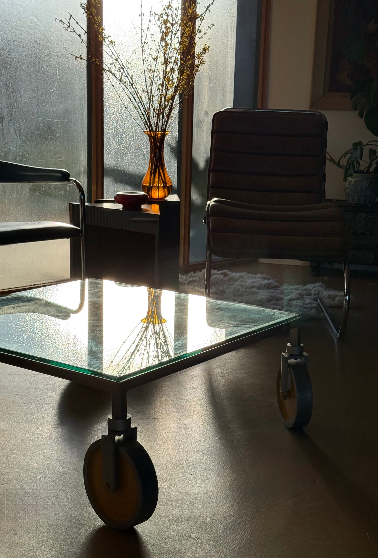 Glass coffee table on wheels after Gae Aulenti, 20th century