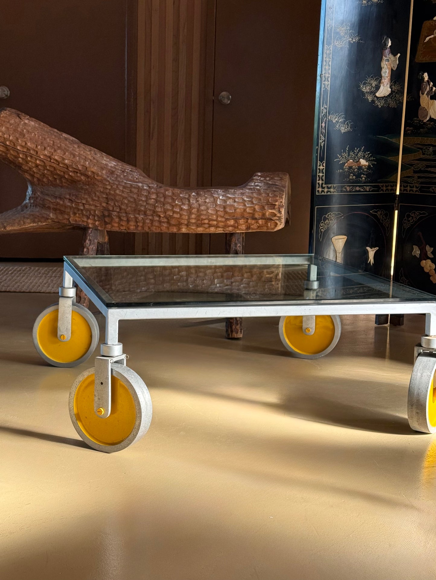 Glass coffee table on wheels after Gae Aulenti, 20th century