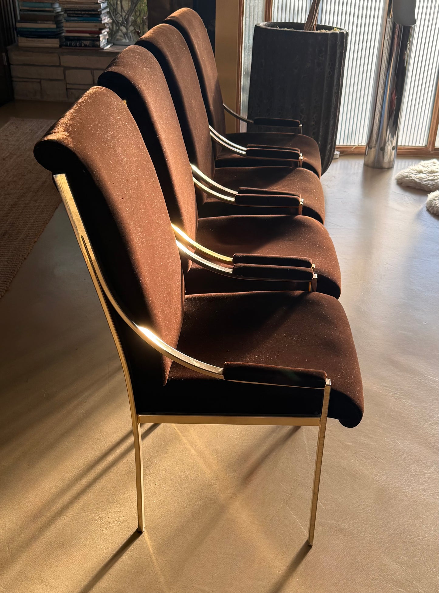 Set of 4 brown velvet Hollywood Regency chairs, circa 1970