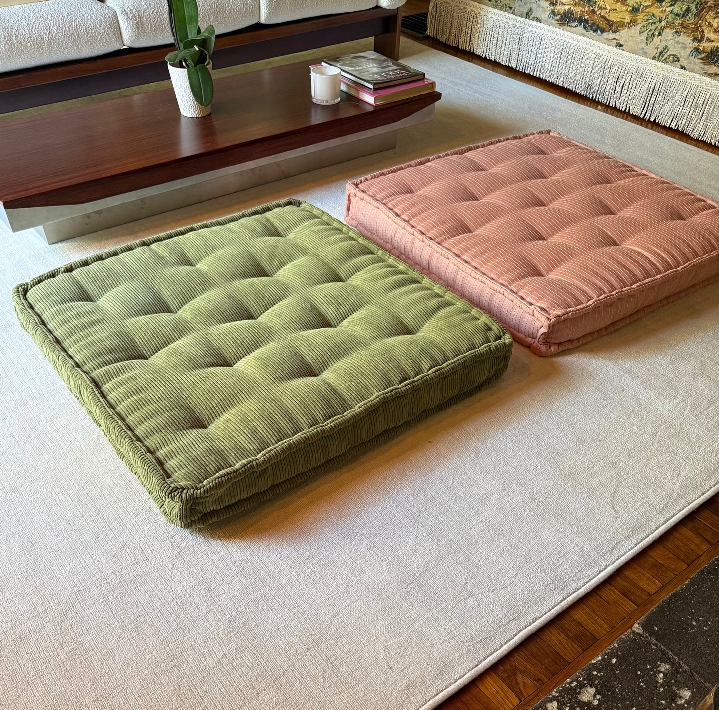 A pair of large floor cushions, 21st century