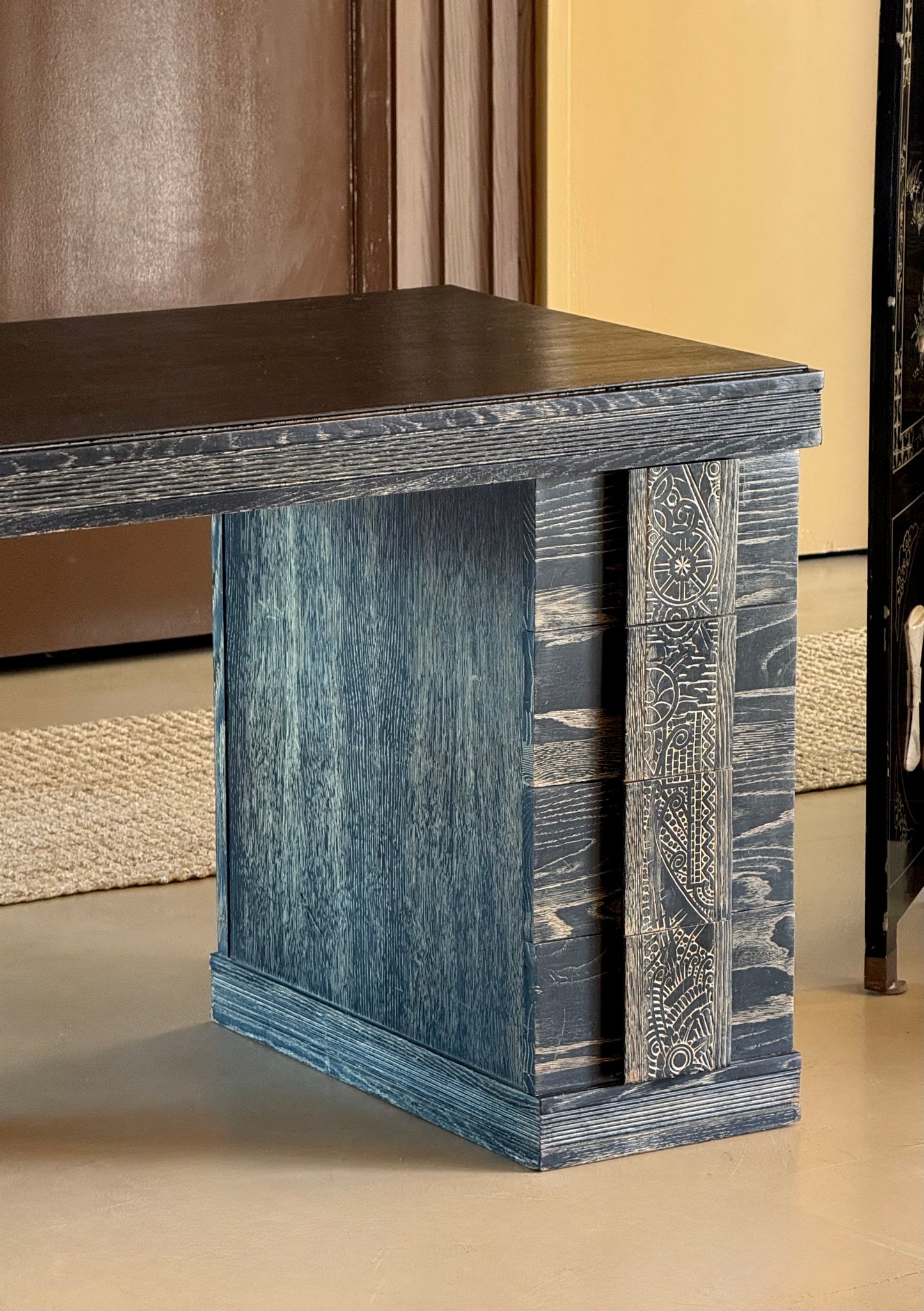 Hand-carved ebonized wood desk, early 20th century
