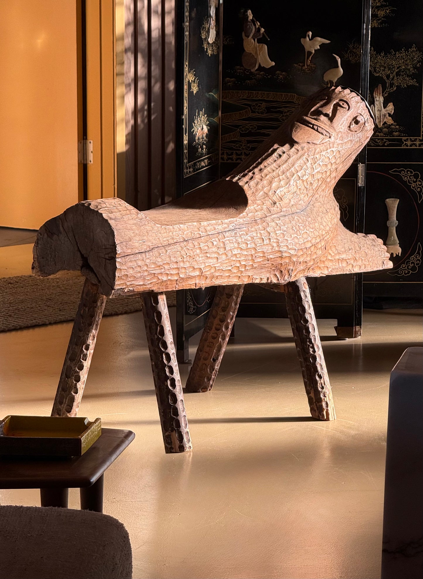 Hand-carved outsider art bench, 20th century