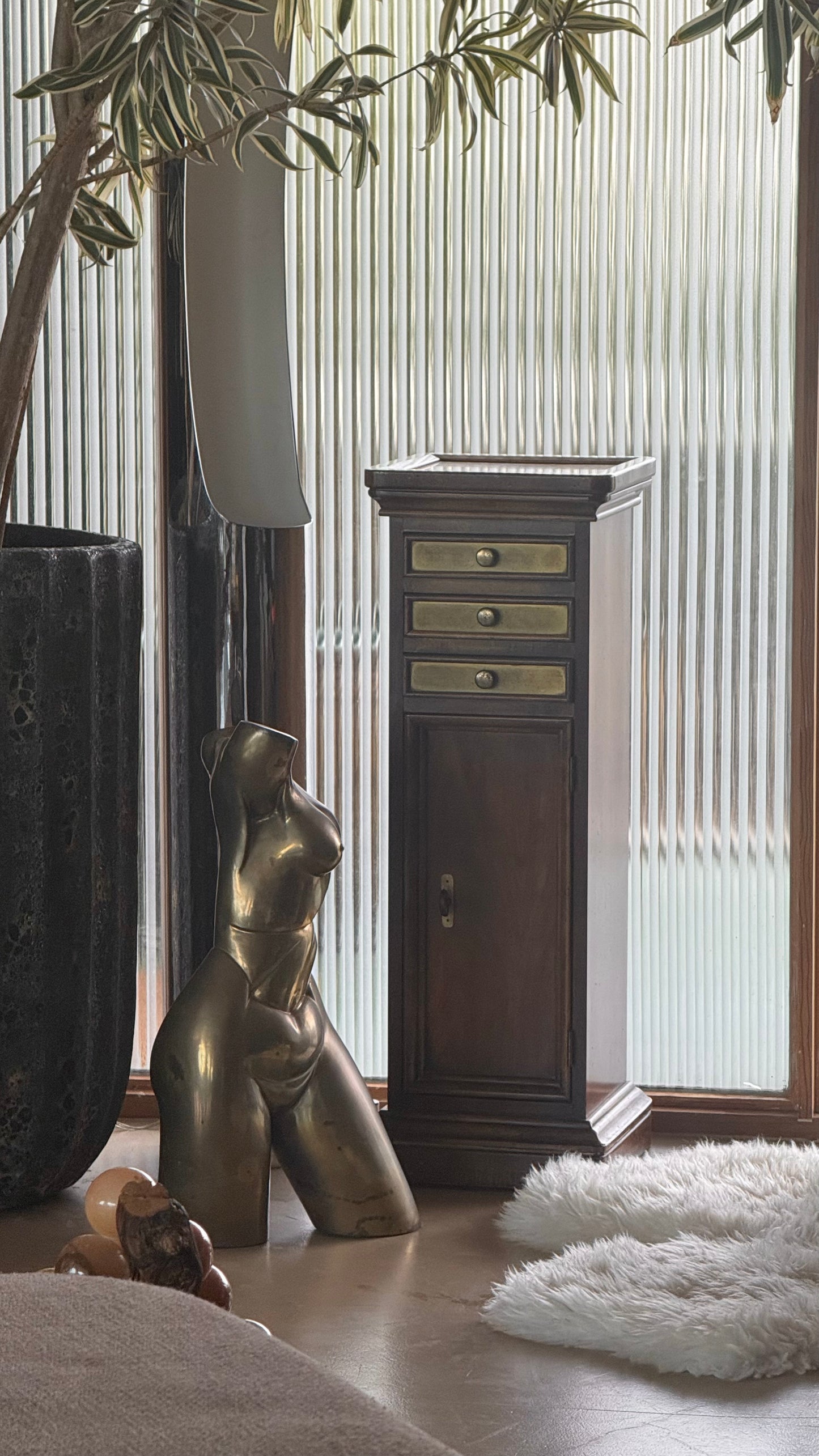 Wood and brass pedestal cabinet with pocket drawers, late 19th century