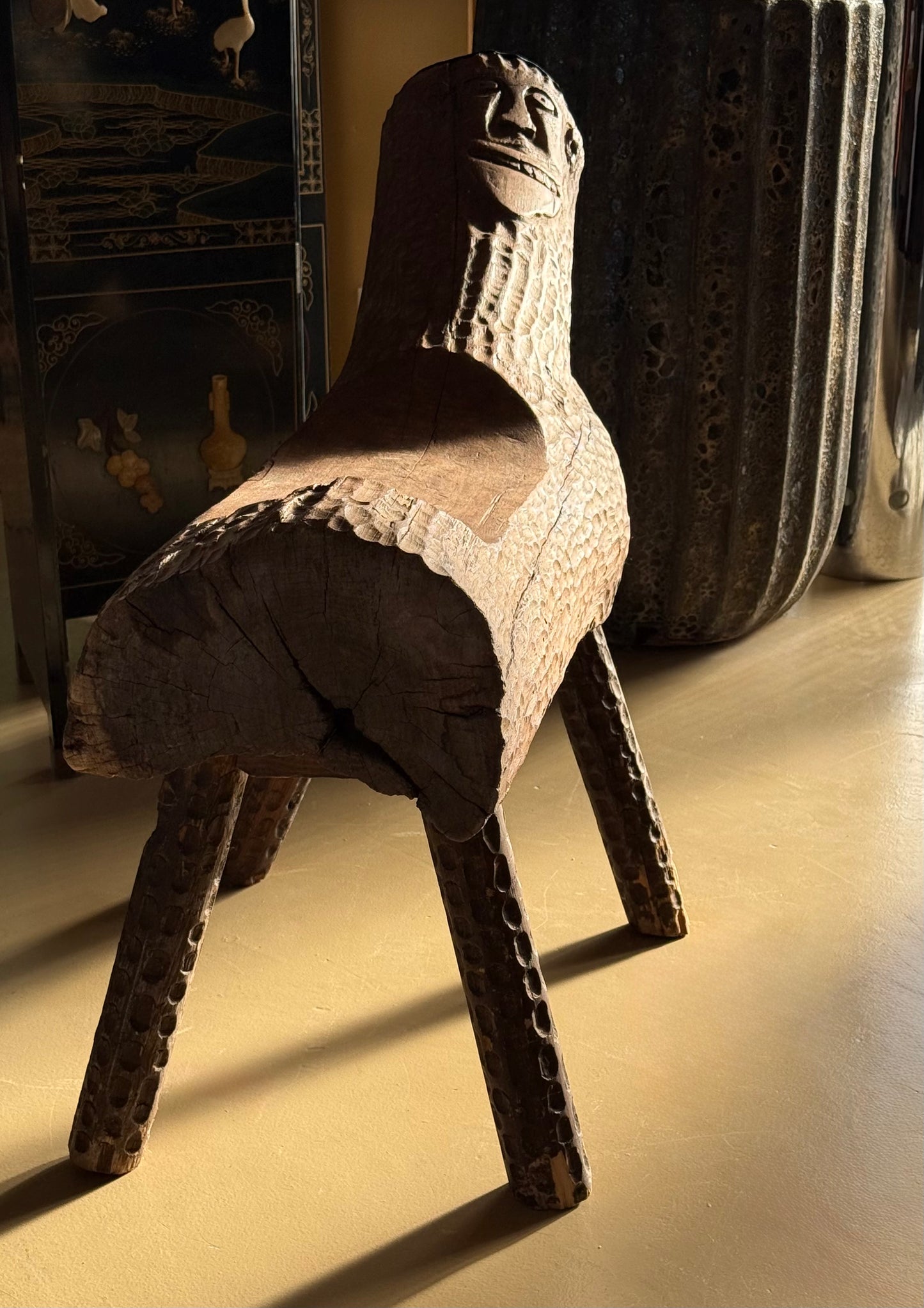 Hand-carved outsider art bench, 20th century