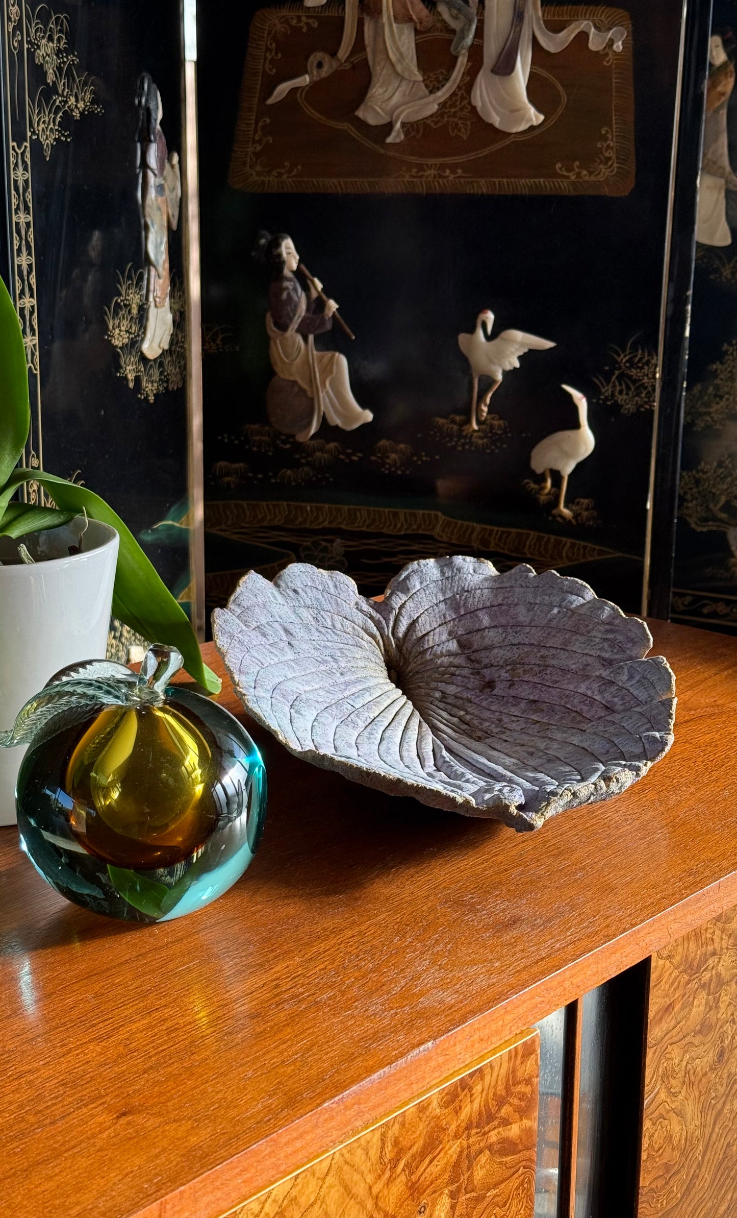 Artist-made studio ceramic leaf platter, 21st century