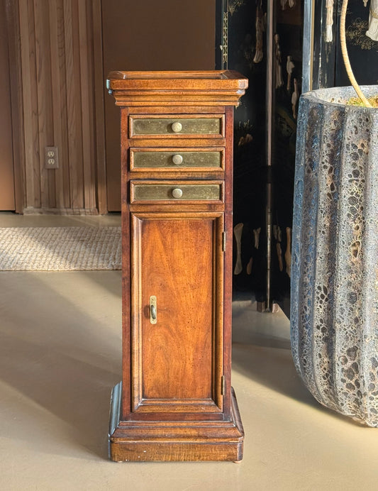 Wood and brass pedestal cabinet with pocket drawers, late 19th century