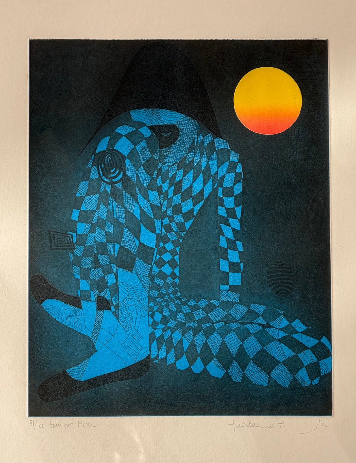 Vintage harlequin jester print, mid 20th century