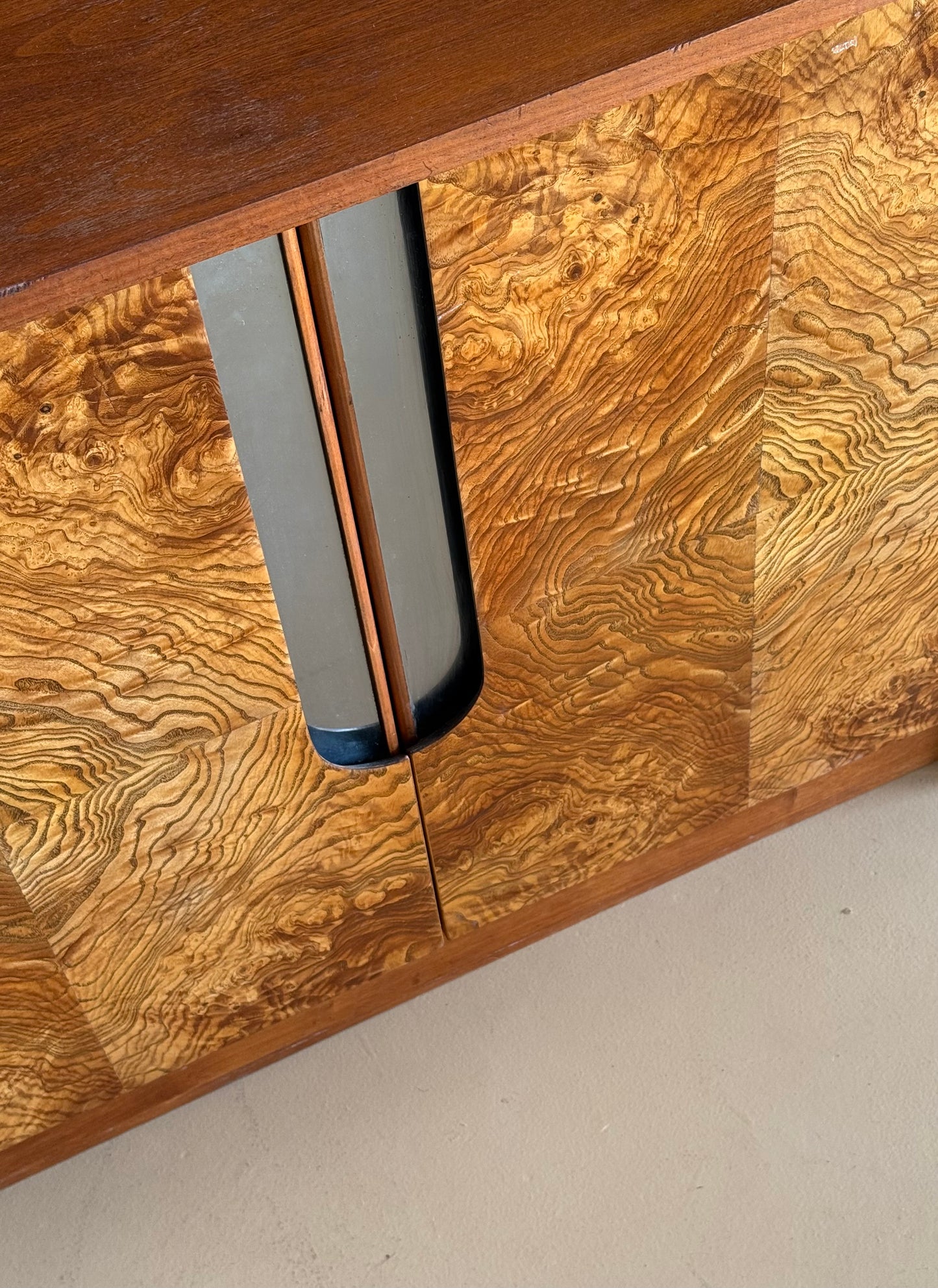 Burl and chrome cabinet by Milo Baughman, circa 1970