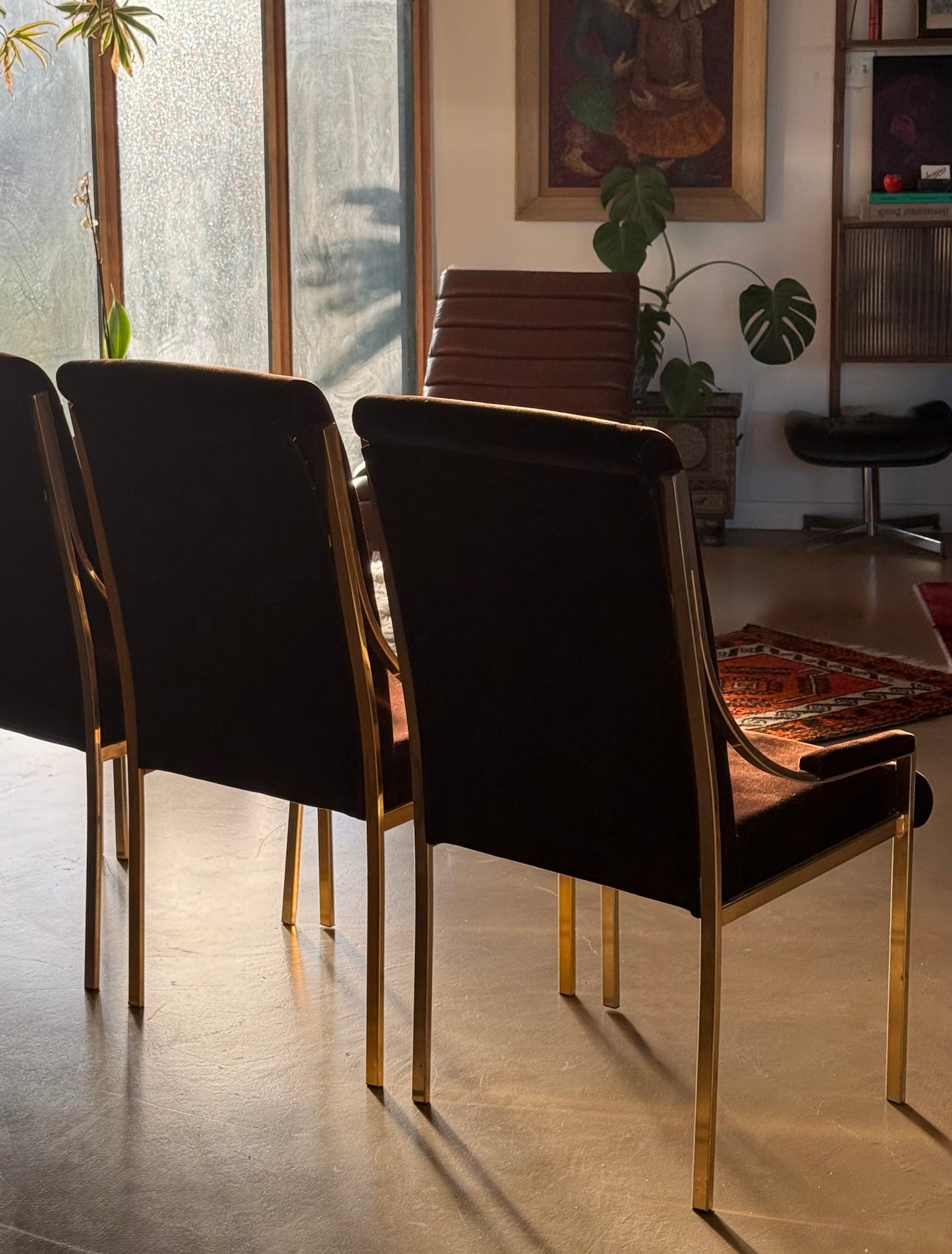 Set of 4 brown velvet Hollywood Regency chairs, circa 1970