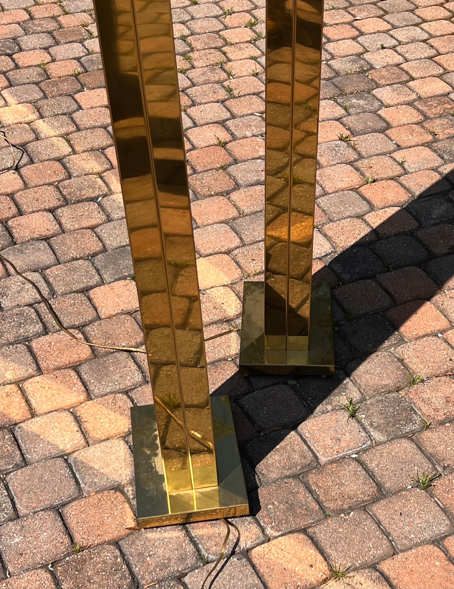 Pair of monolith brass “Pylon” torchiere floor lamps by Casella, circa 1980