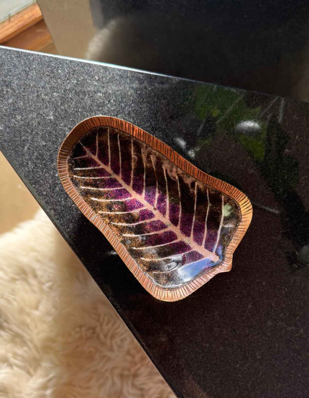 Vintage copper dish with hand-painted leaf motif, 20th century