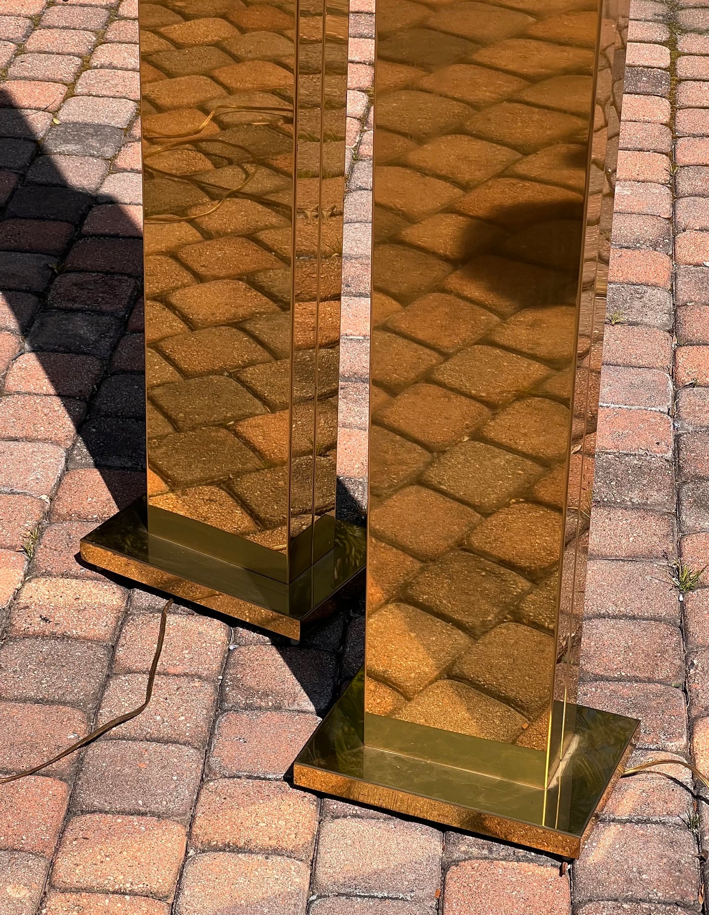 Pair of monolith brass “Pylon” torchiere floor lamps by Casella, circa 1980