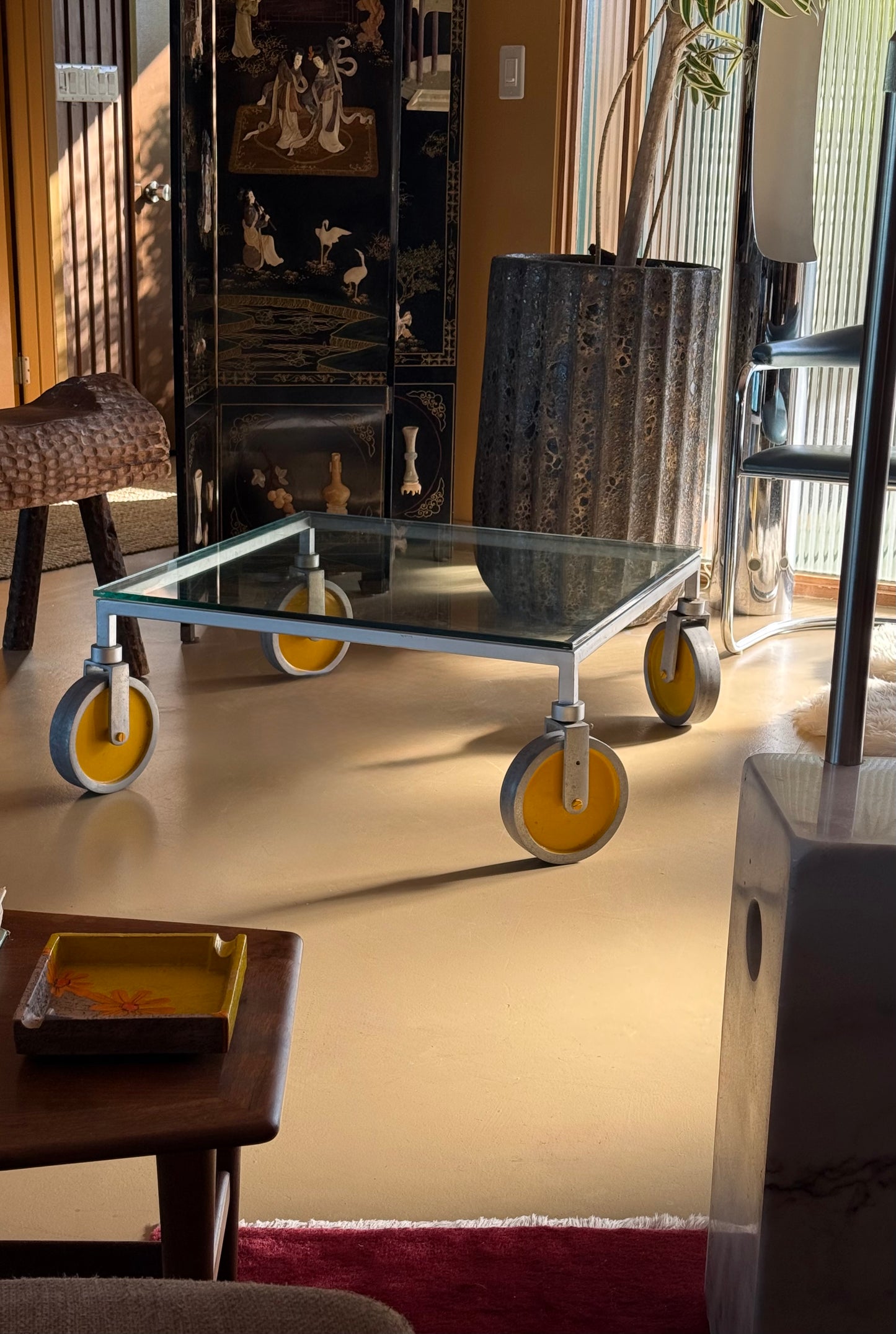 Glass coffee table on wheels after Gae Aulenti, 20th century
