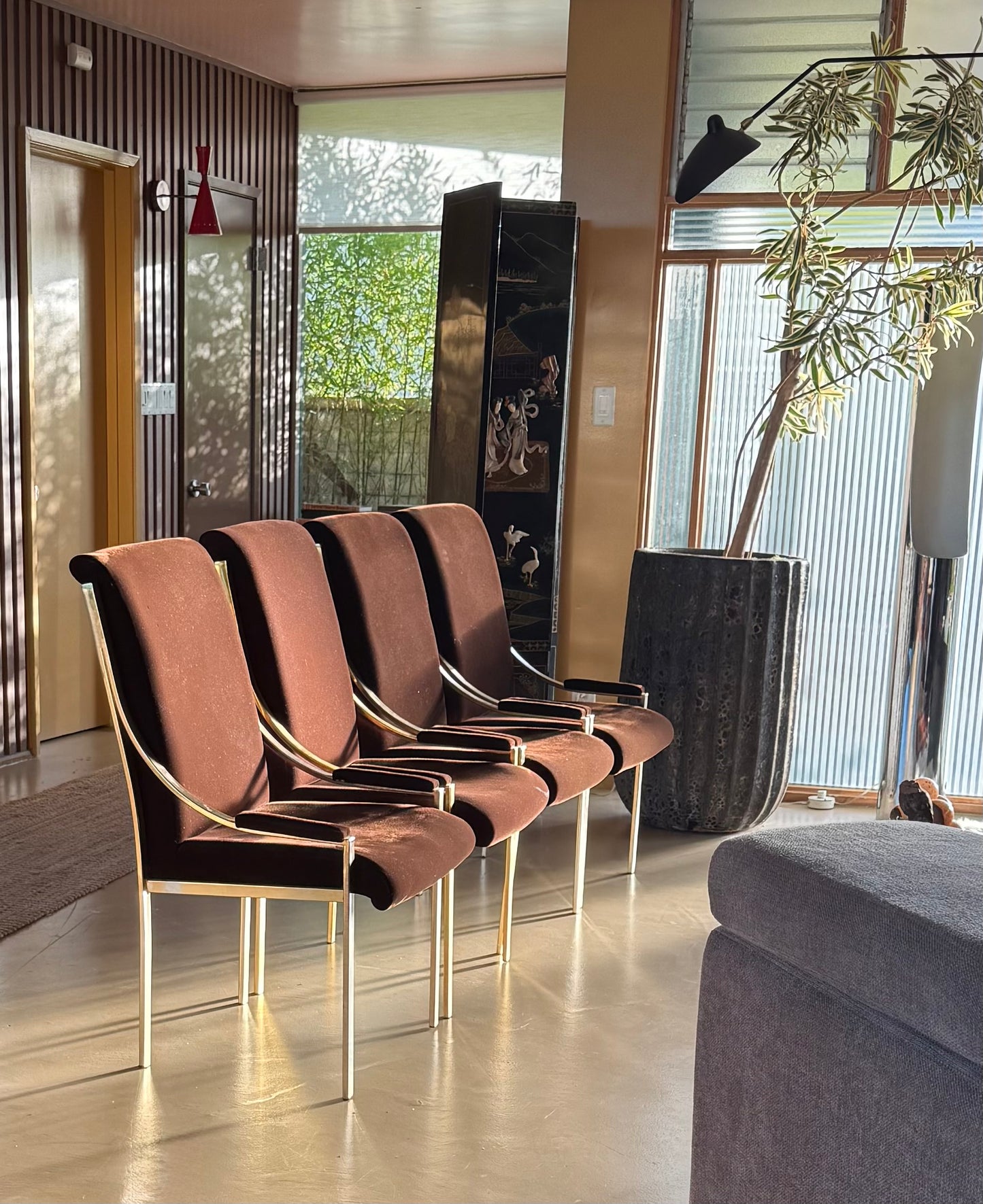 Set of 4 brown velvet Hollywood Regency chairs, circa 1970