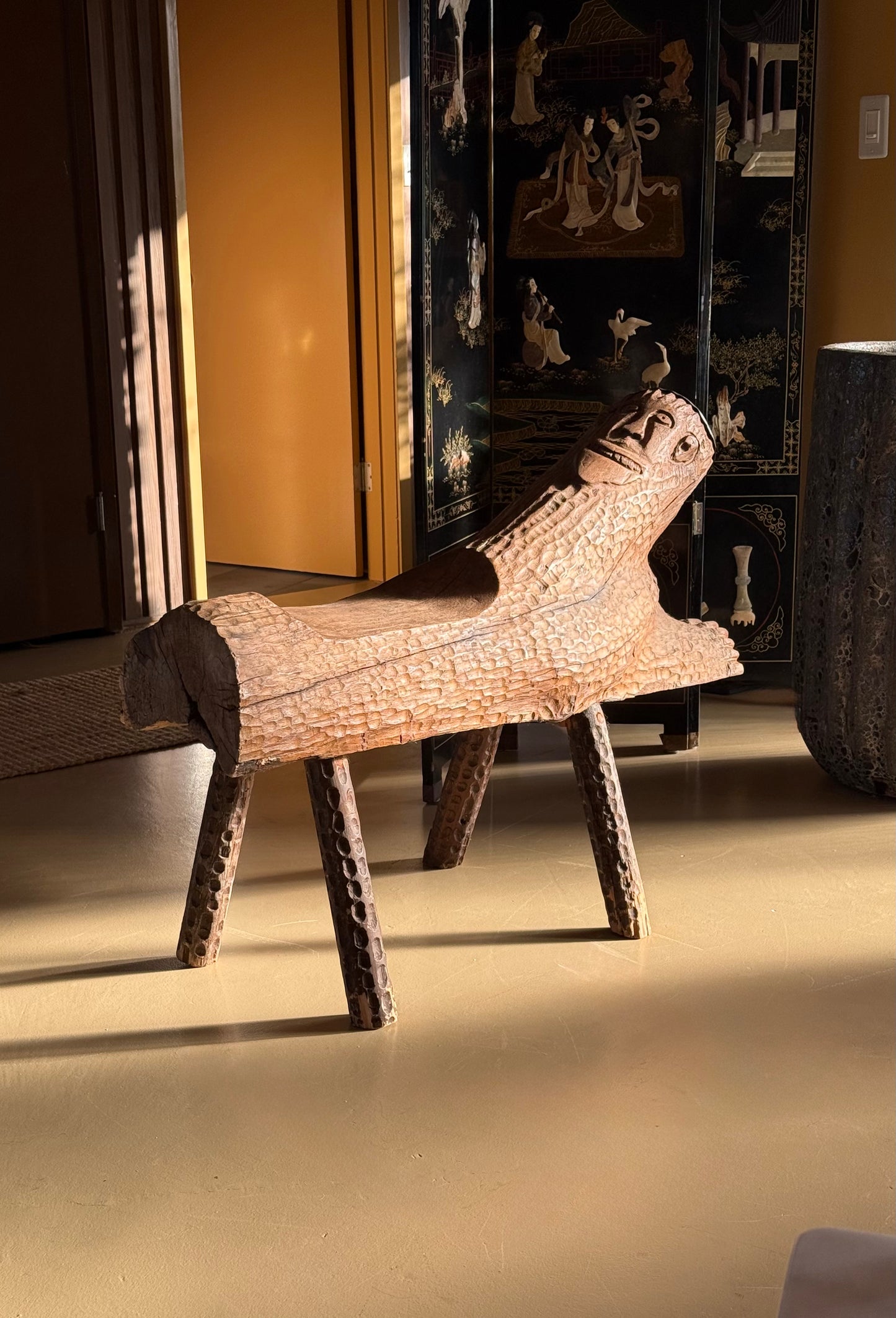 Hand-carved outsider art bench, 20th century