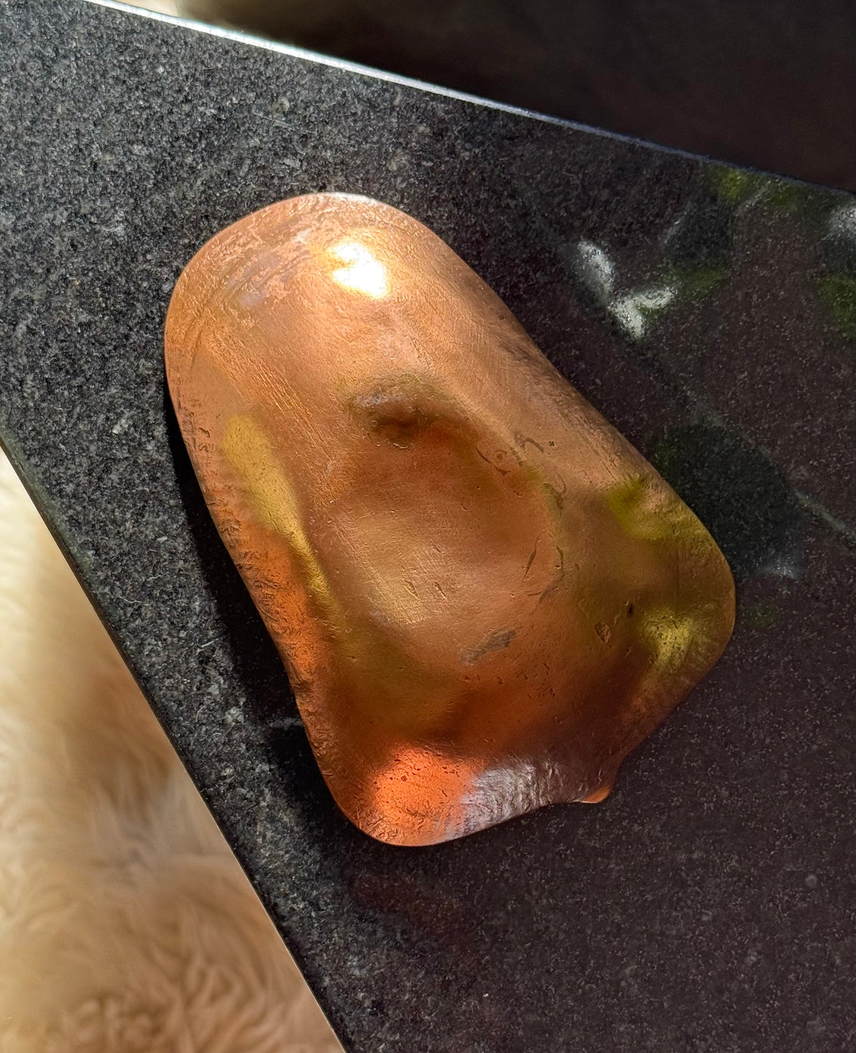 Vintage copper dish with hand-painted leaf motif, 20th century